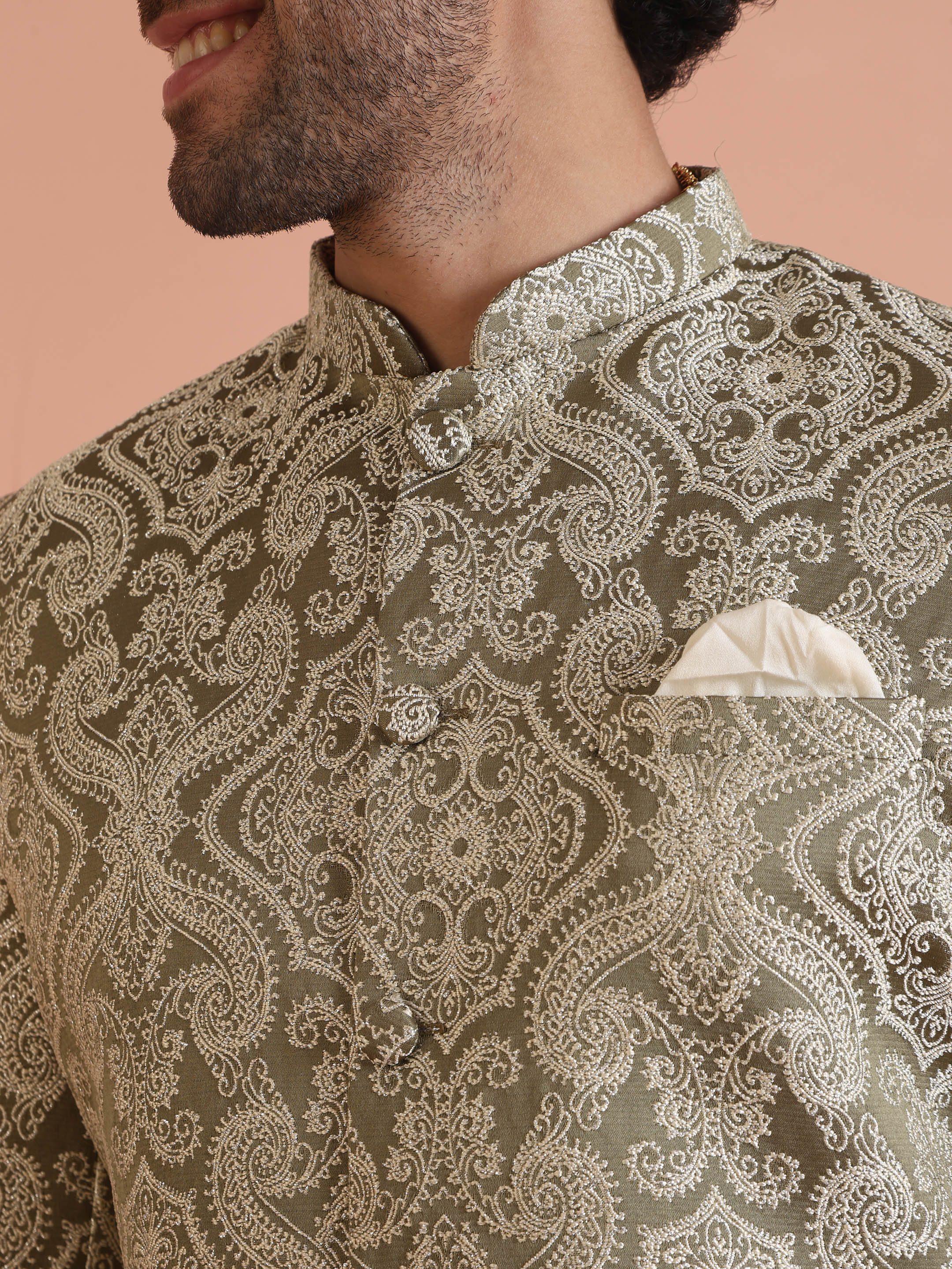 Light Green Textured Sherwani Trouser Set - Image 5