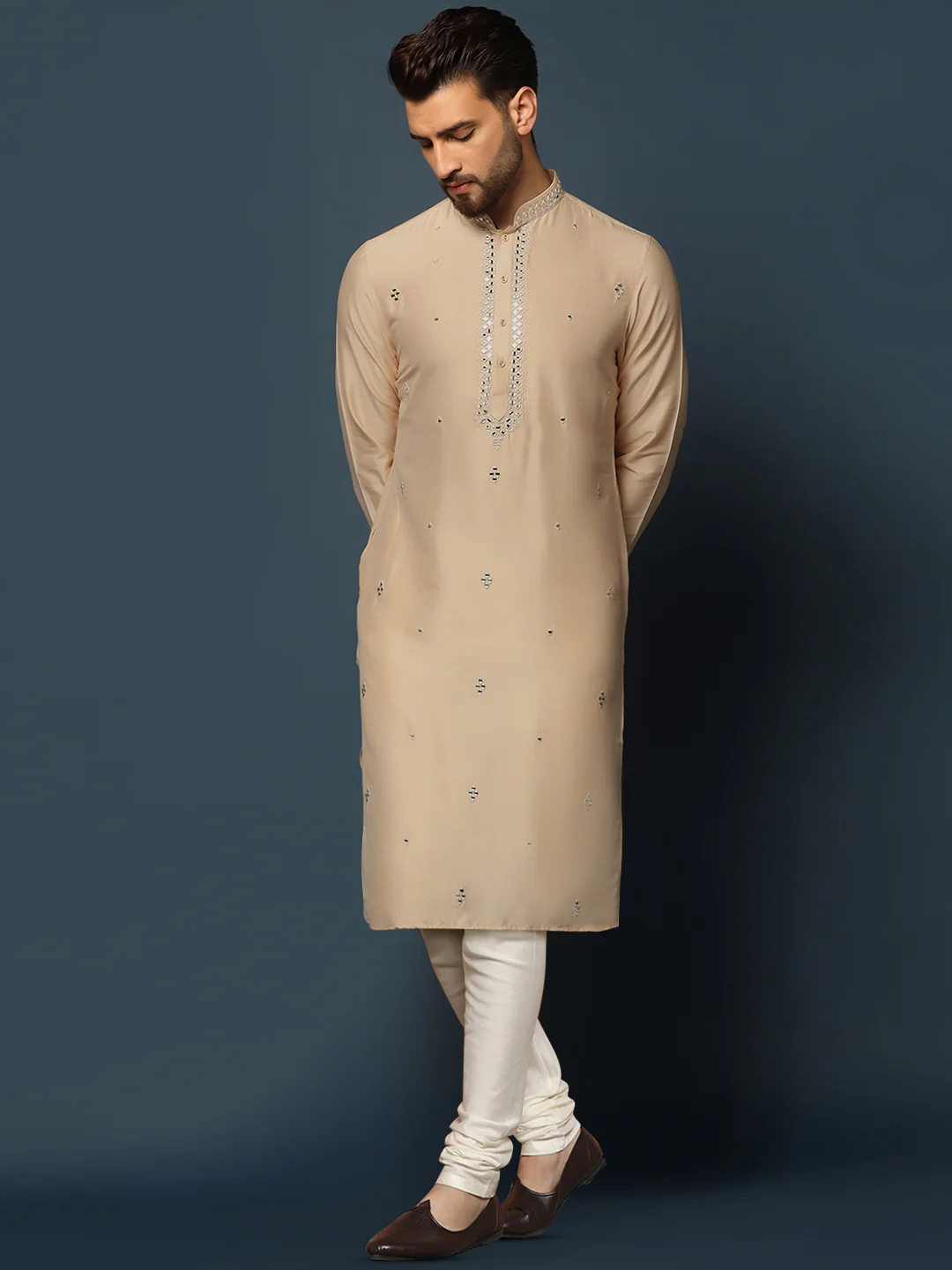 Beige Cotton Blend Mirror Work Kurta Churidar - Image 3