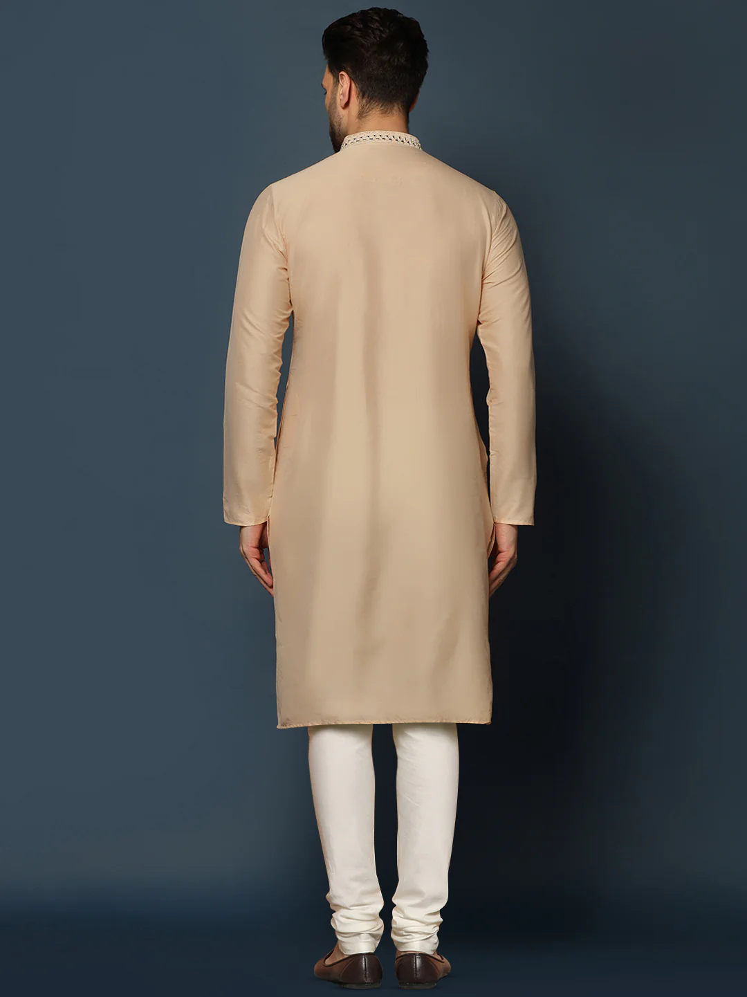 Beige Cotton Blend Mirror Work Kurta Churidar - Image 4