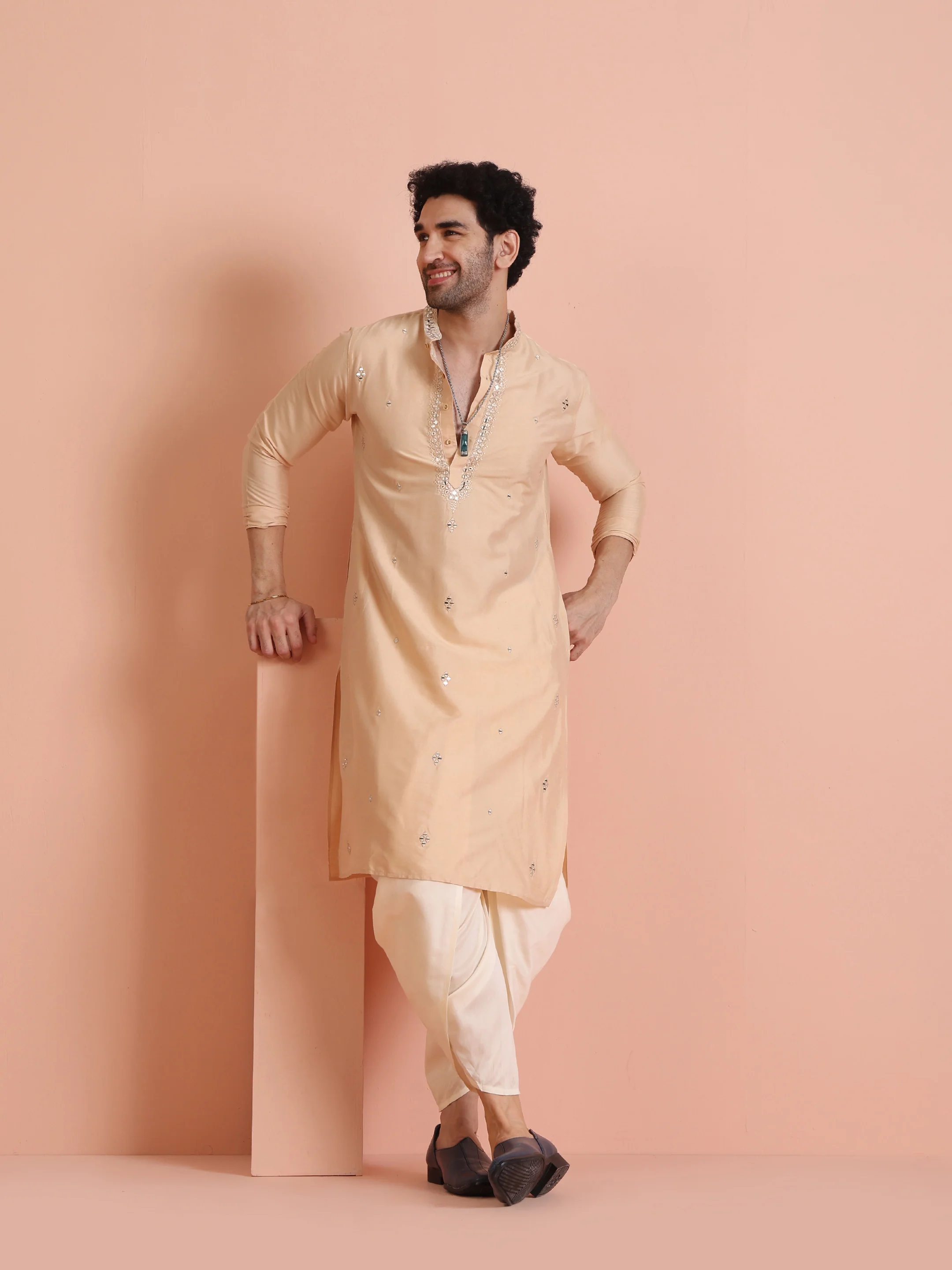 Beige Cotton Blend Mirror Work Kurta Dhoti