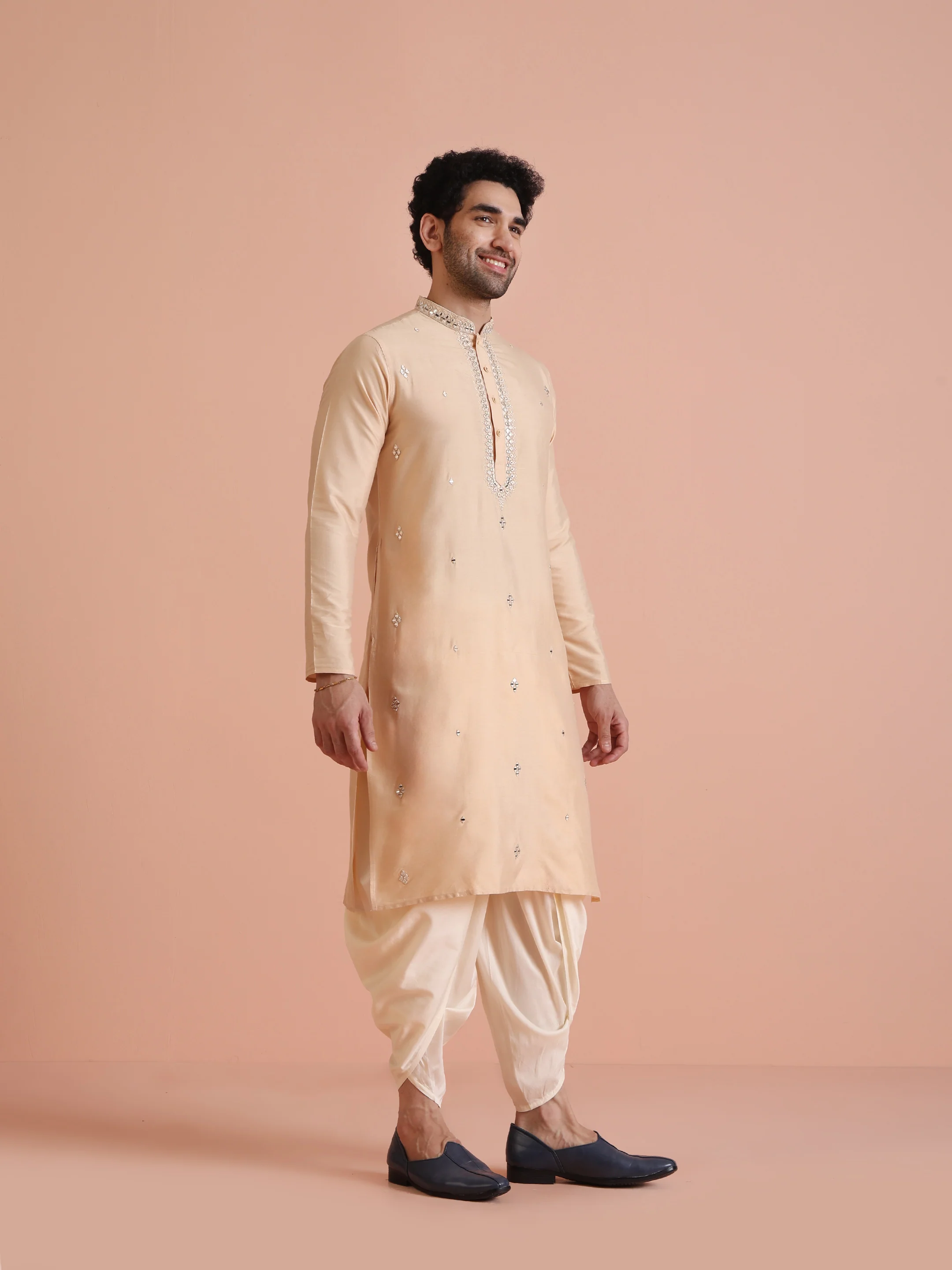 Beige Cotton Blend Mirror Work Kurta Dhoti - Image 3
