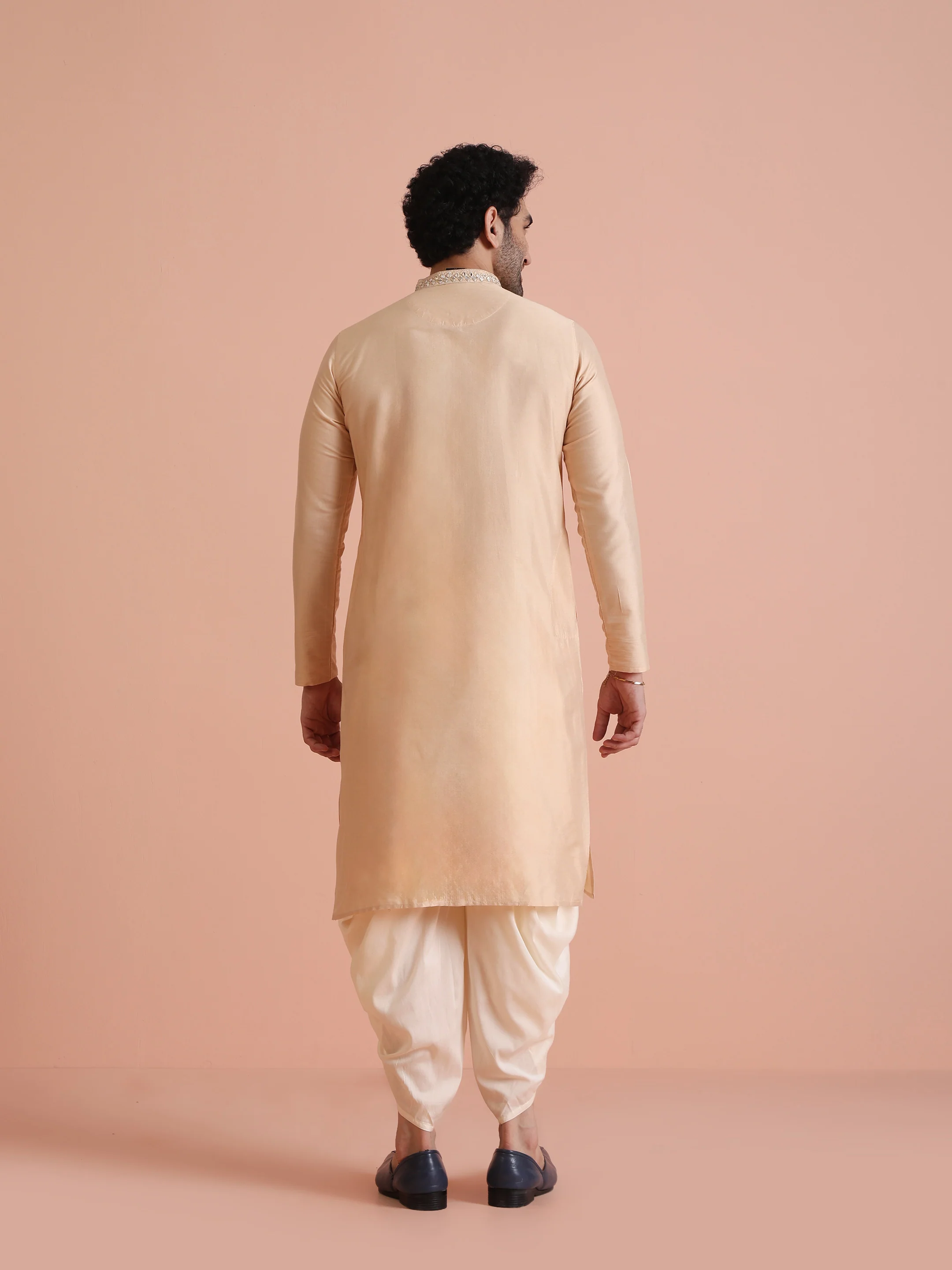 Beige Cotton Blend Mirror Work Kurta Dhoti - Image 4