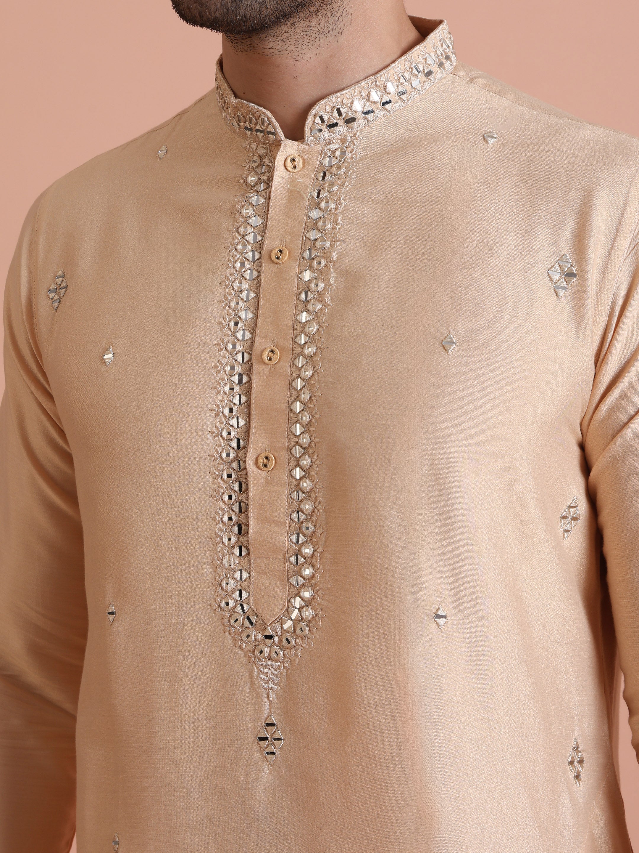 Beige Cotton Blend Mirror Work Kurta Dhoti - Image 5
