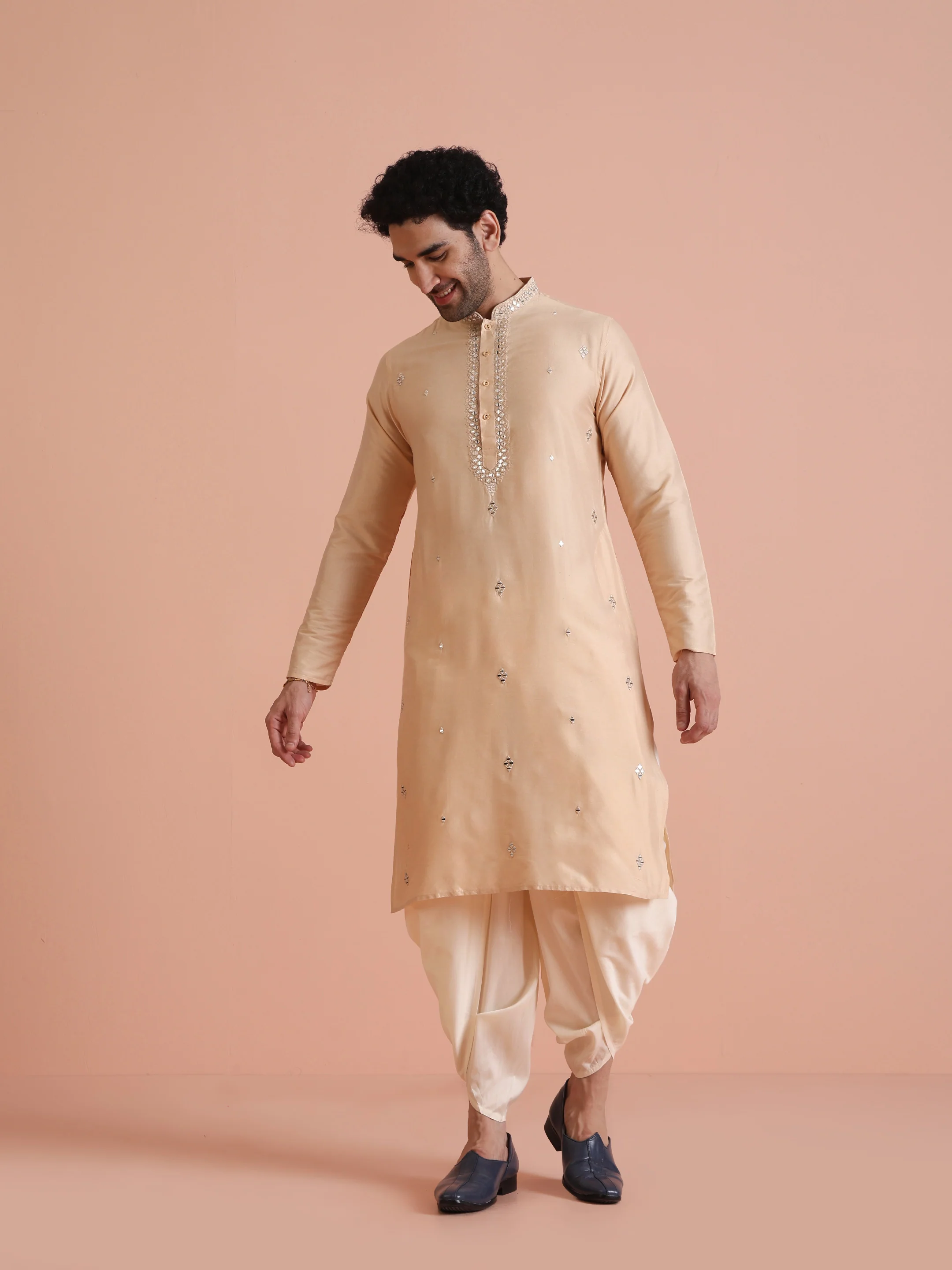 Beige Cotton Blend Mirror Work Kurta Dhoti - Image 7