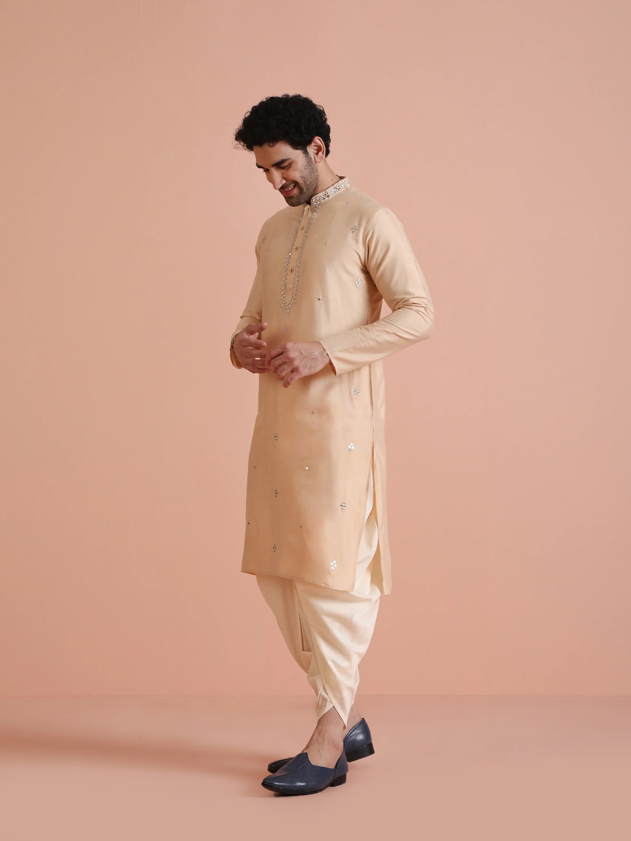 Beige Cotton Blend Mirror Work Long Kurta - Image 3
