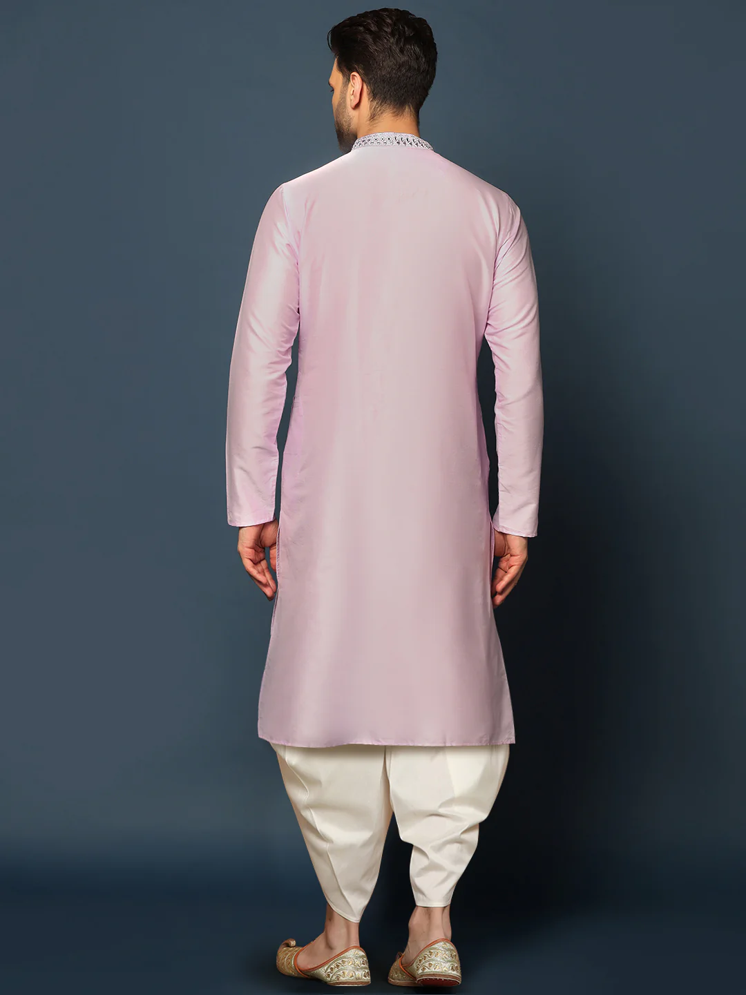Men Light Pink Mirror Work Embellished Kurta Dhoti Set Classic Festive Wear - Image 4