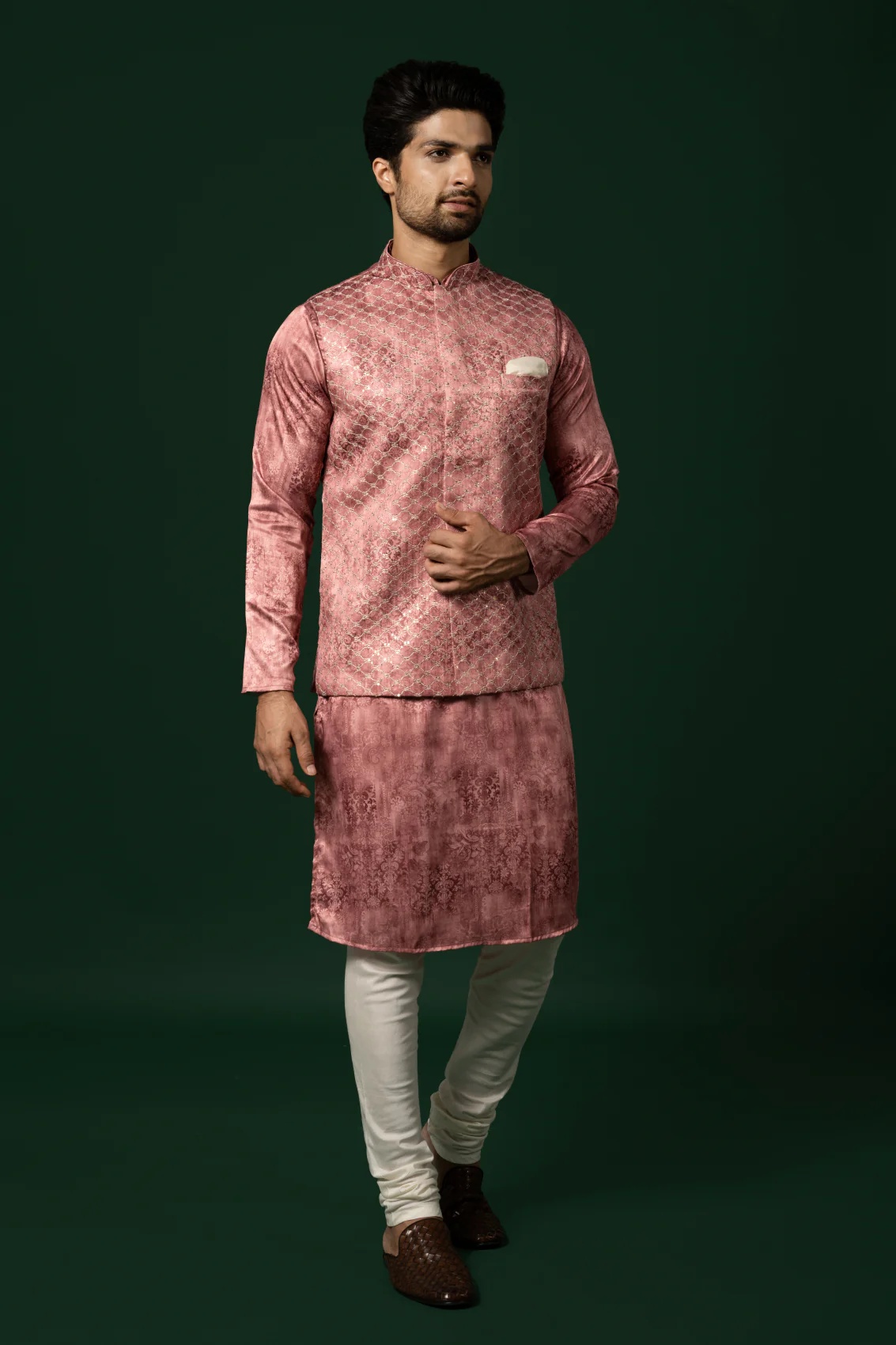 Pink Silk Woven Nehru Jacket Kurta Churidar