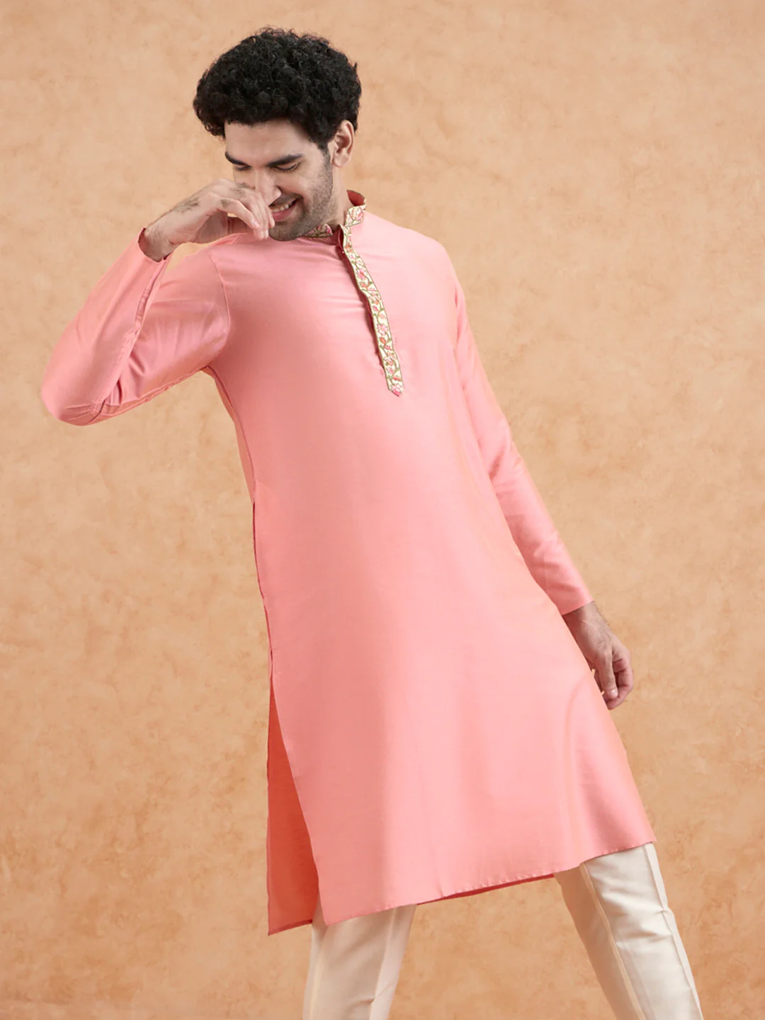 Pink Kurta with Embroidered Neckline