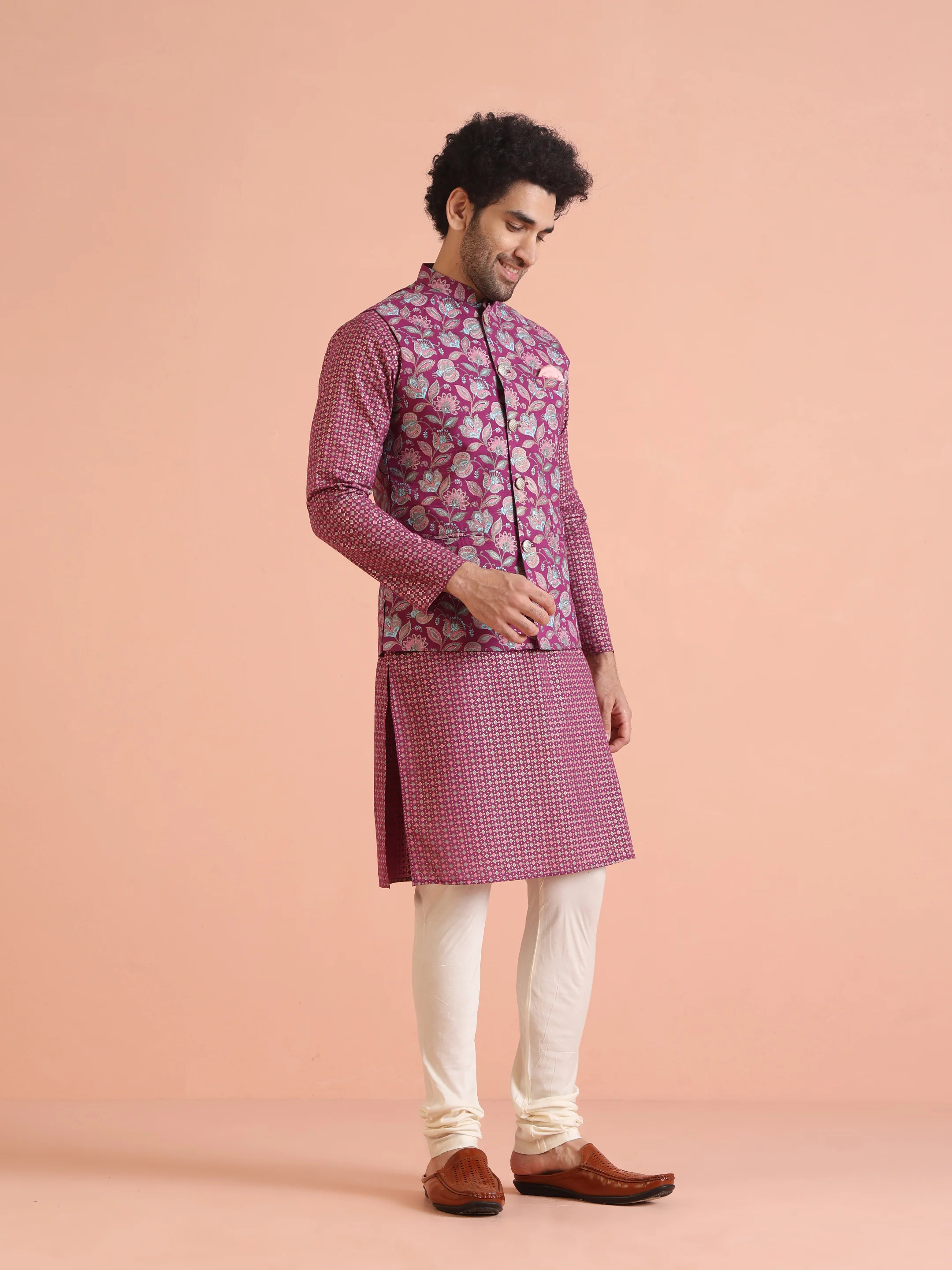 Pink Silk Blend Floral Jacquard Nehru Jacket - Image 3