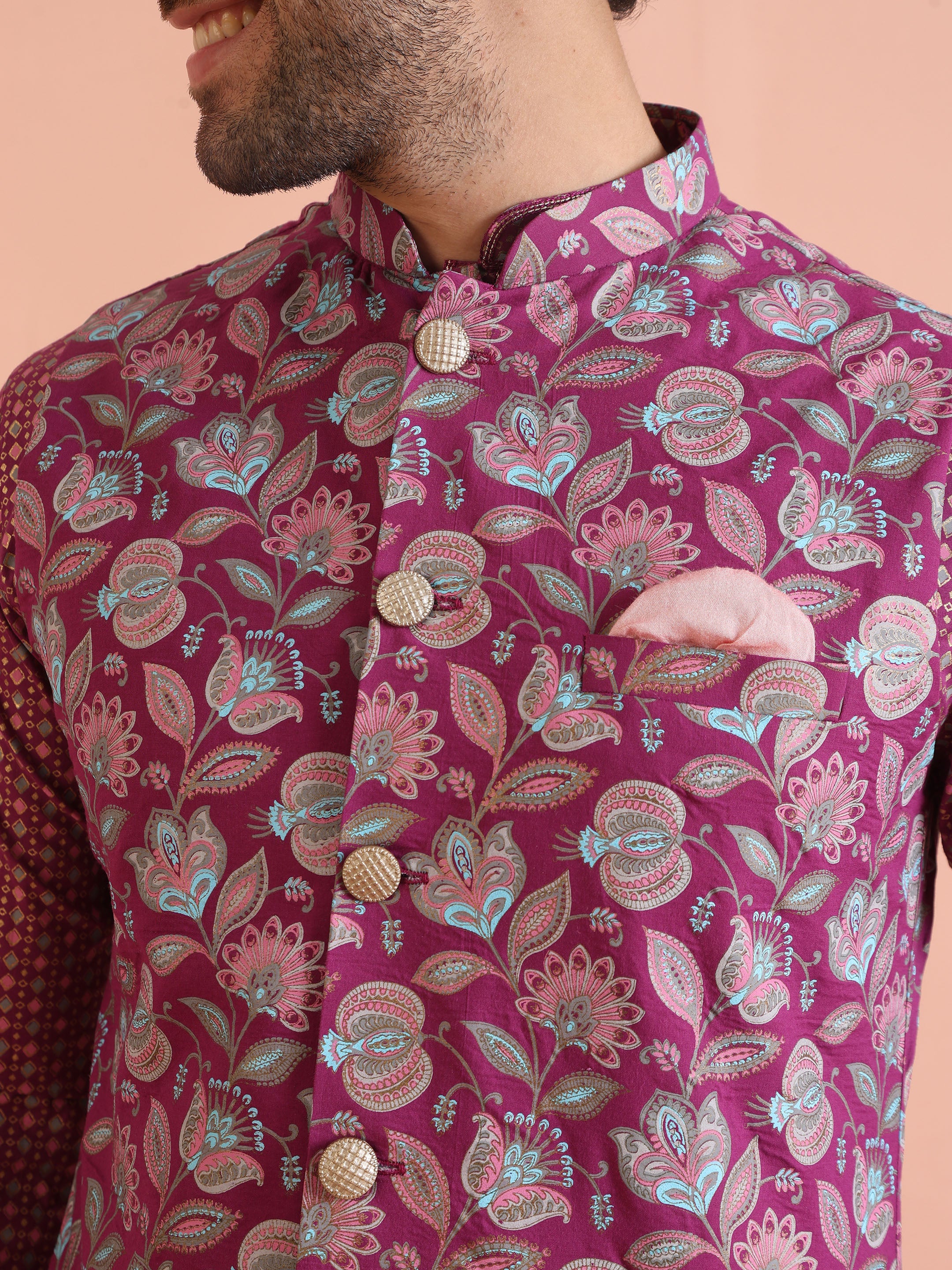 Pink Silk Blend Floral Jacquard Nehru Jacket - Image 6