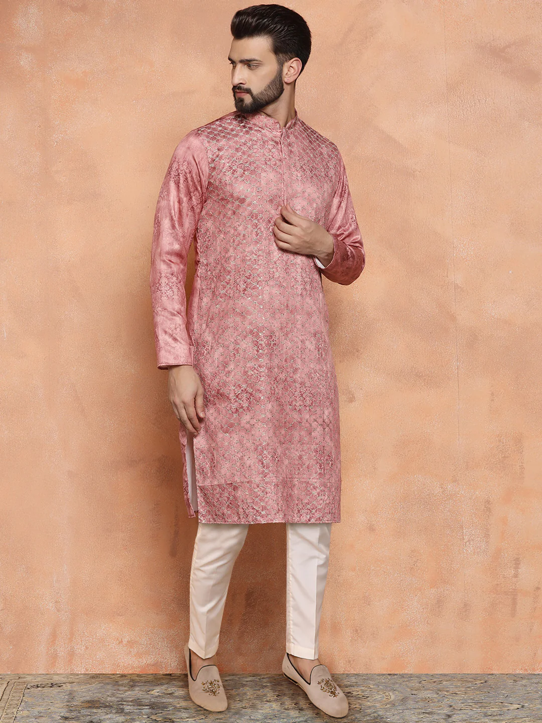 Pink Cotton Blend Metallic Kurta Trouser Set - Image 2