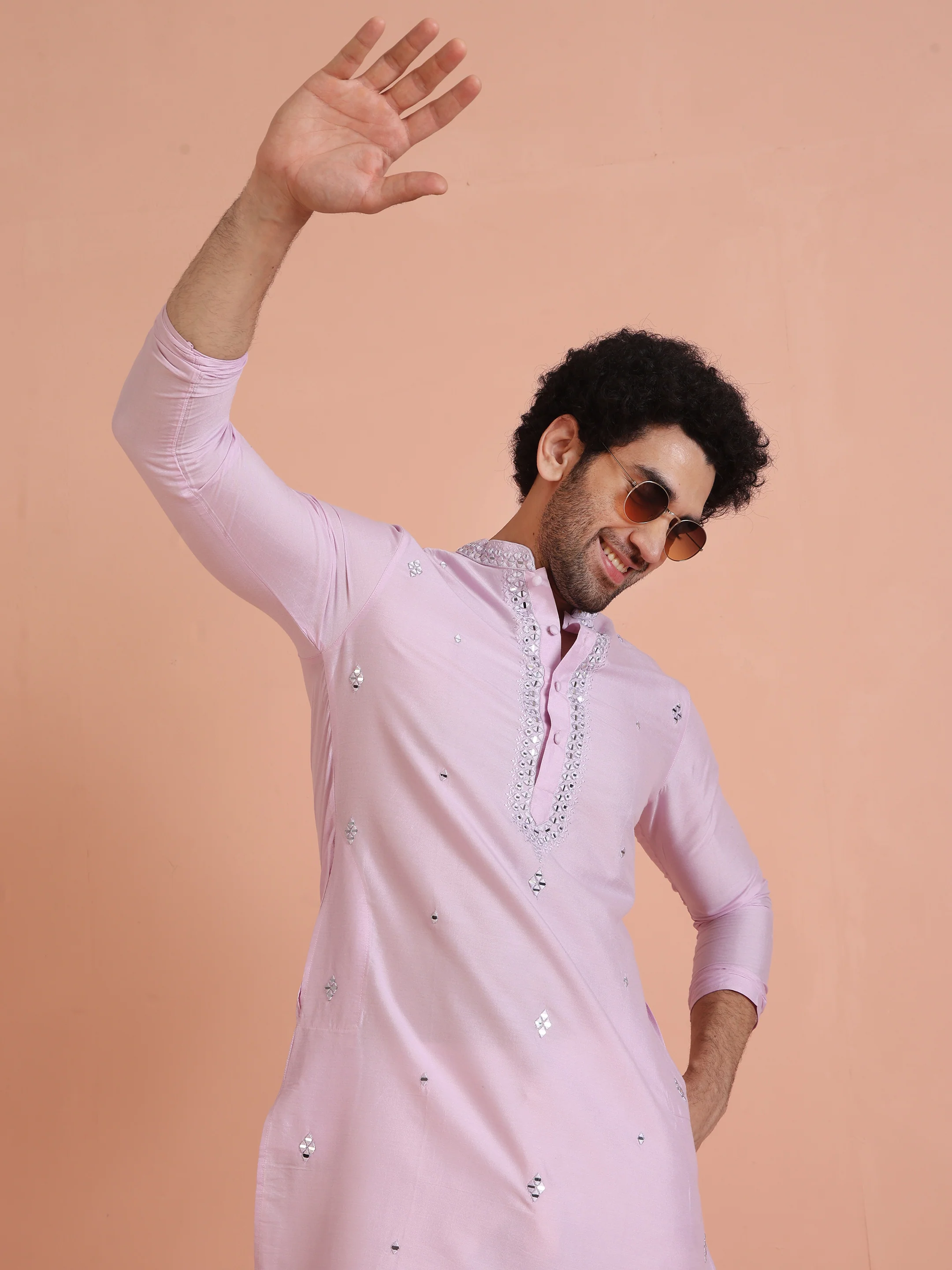 Light Cotton Blend Kurta with Embroidered Neckline and Cream Trousers - Image 7