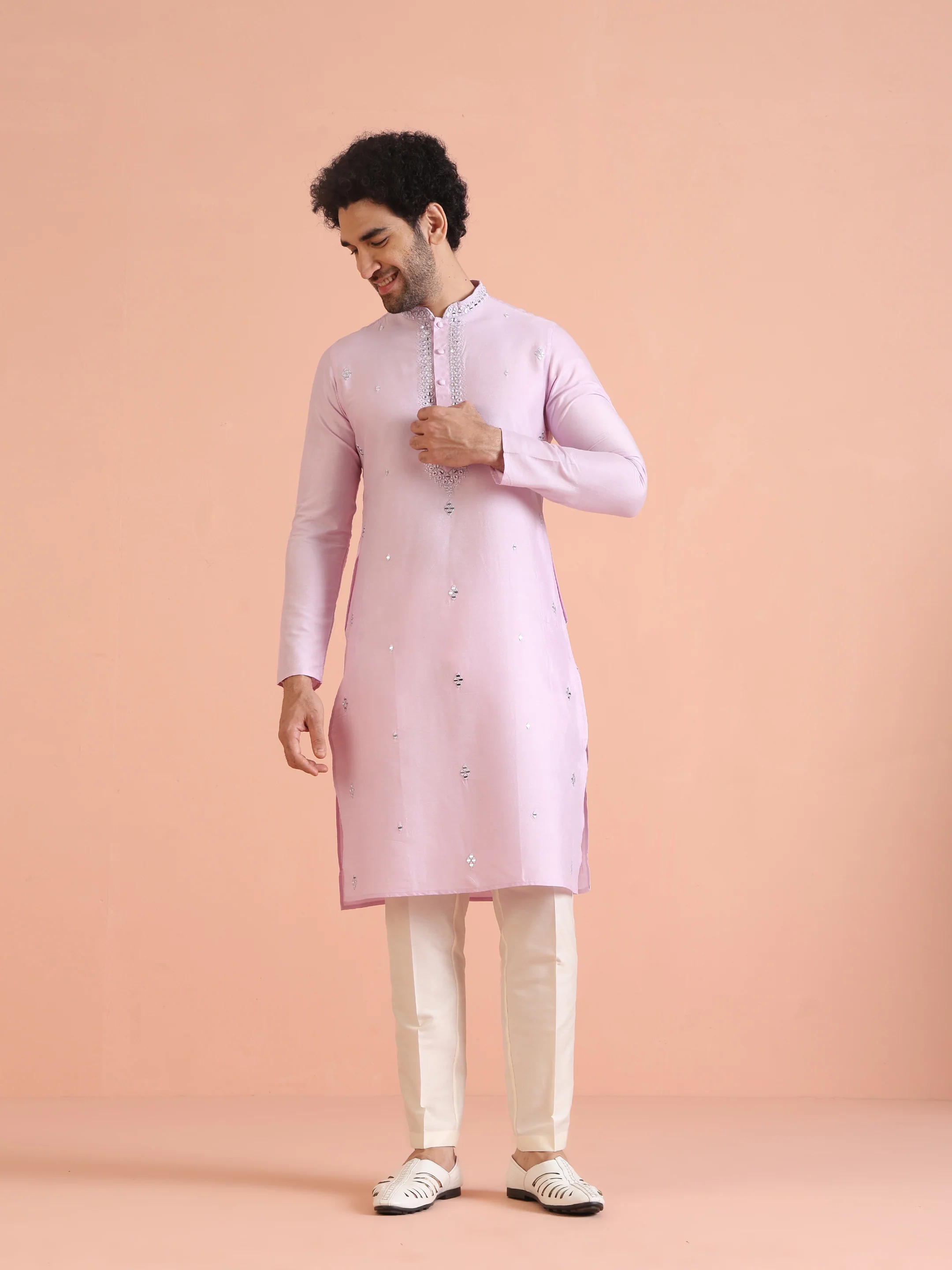 Light Cotton Blend Kurta with Embroidered Neckline and Cream Trousers - Image 8