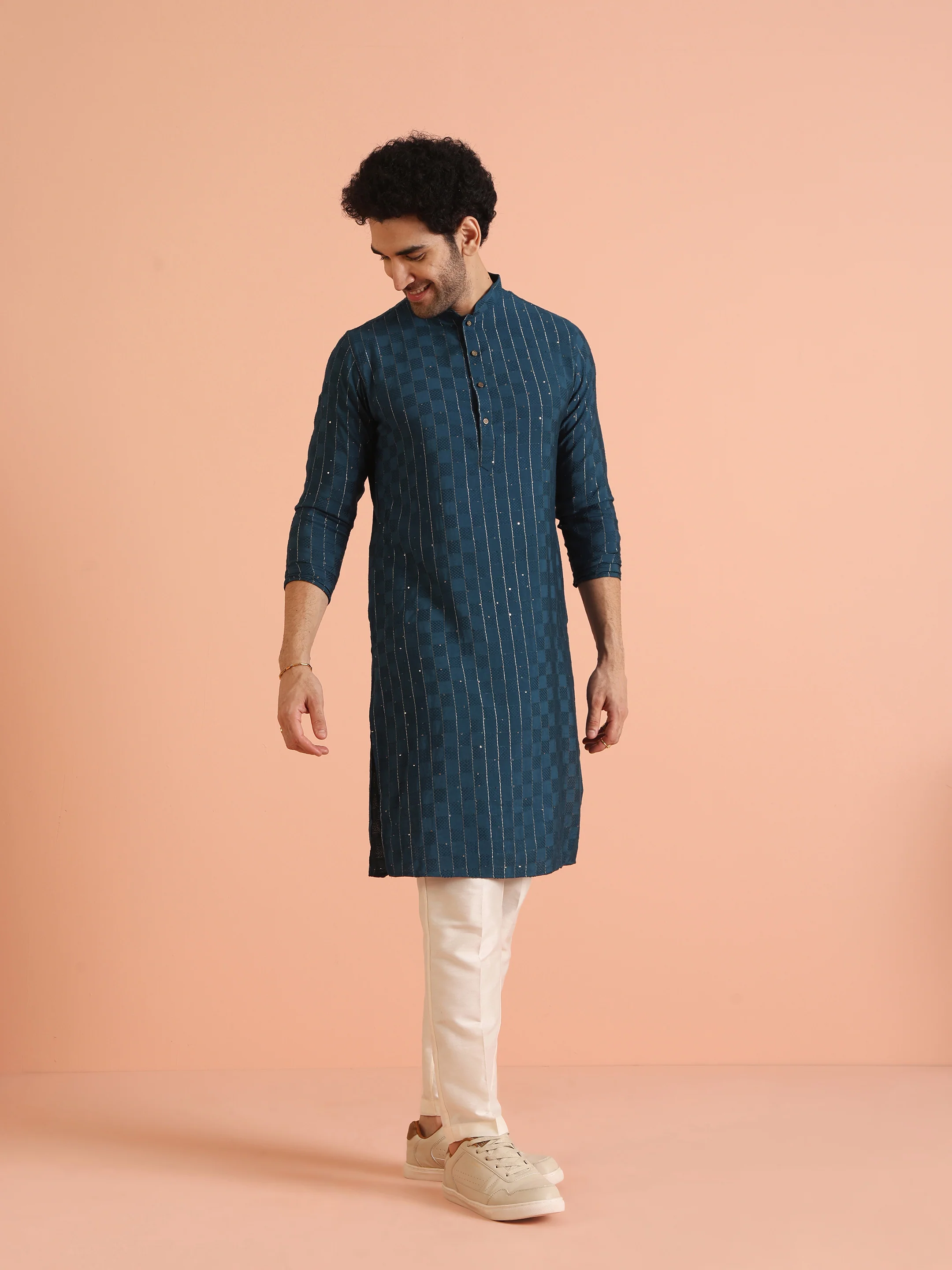 Teal Blue Jacquard Sequinned Kurta - Image 2