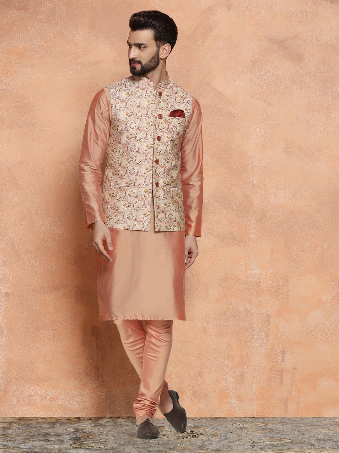 Multi Printed Silk Blend Nehru Jacket Kurta Churidar Set