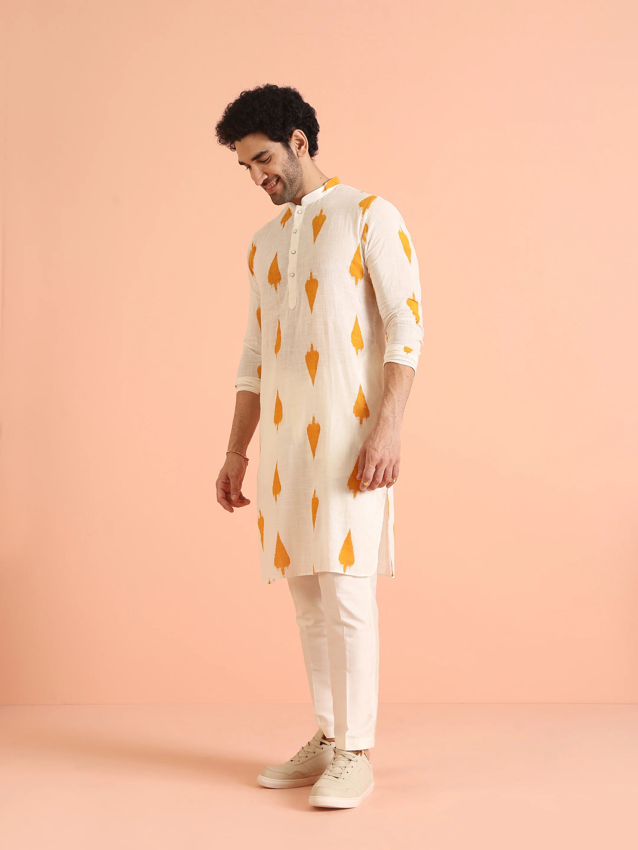 White Cotton Kurta with Mustard Ikat Prints - Image 5