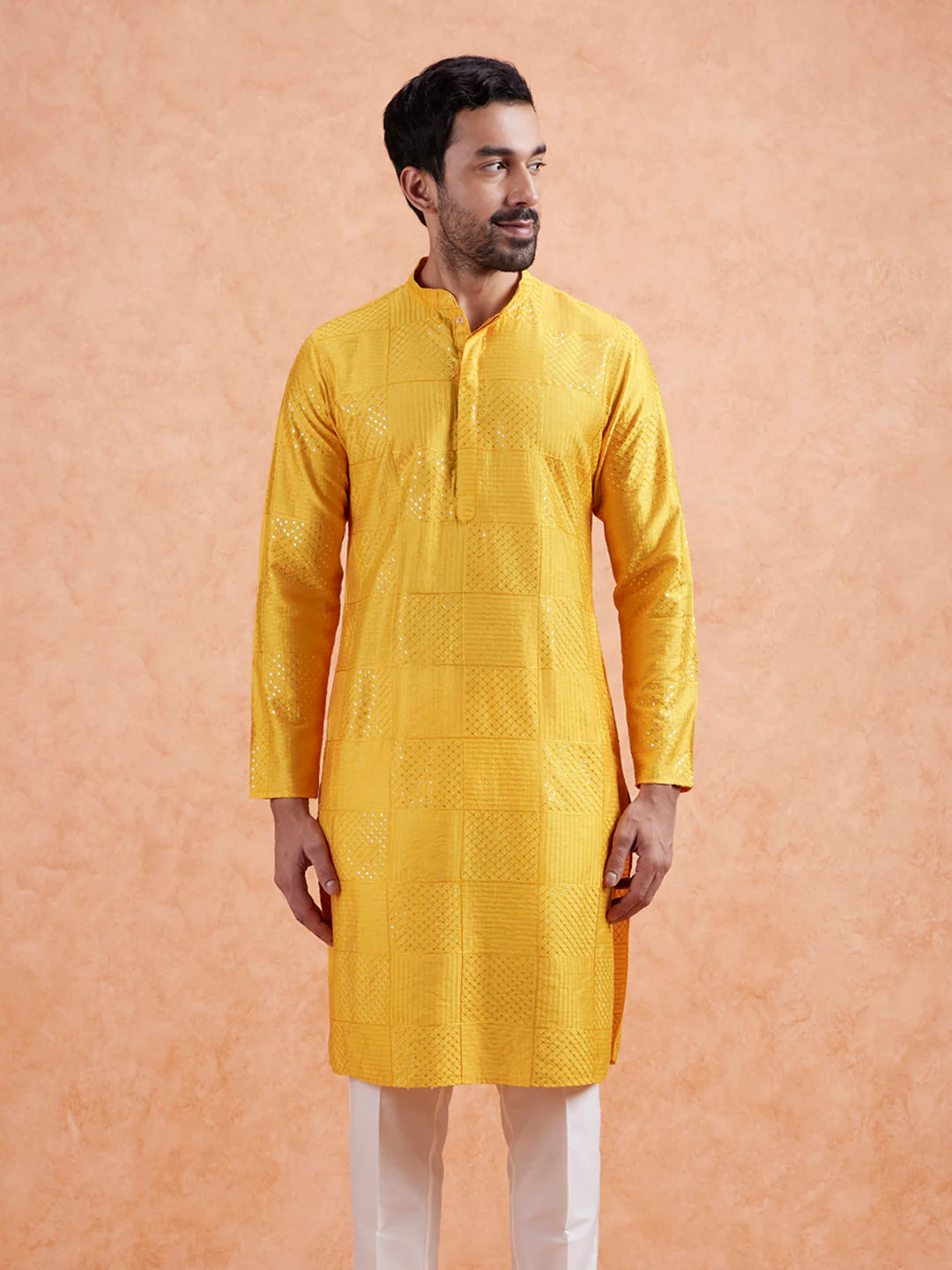 Yellow Jacquard Silk Blend Kurta