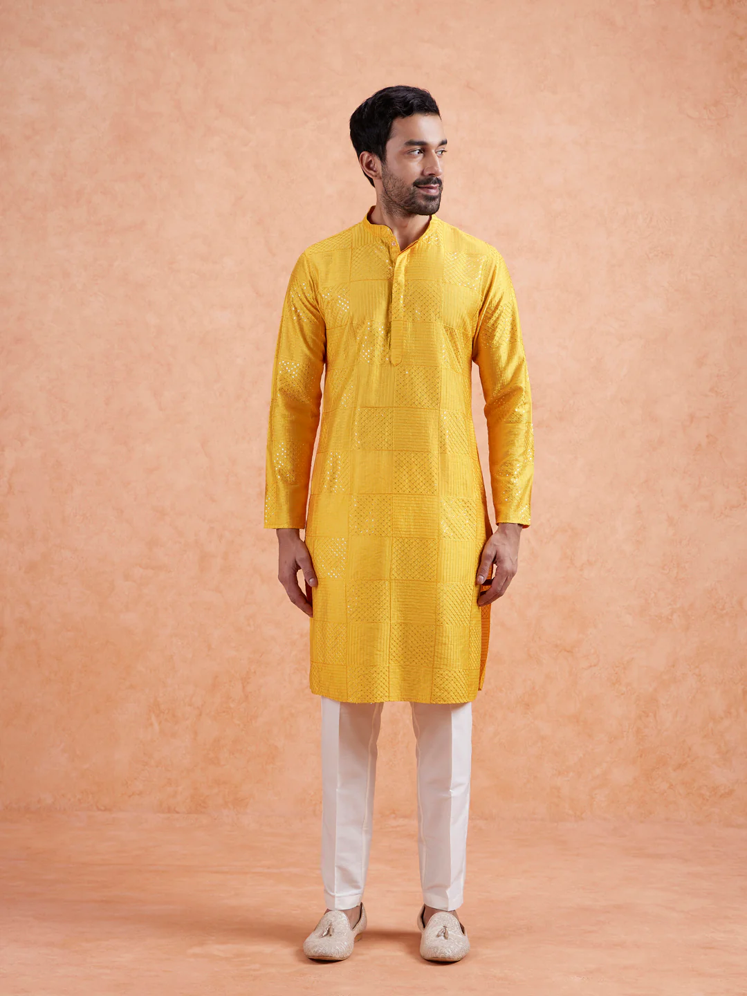 Yellow Jacquard Silk Blend Kurta - Image 6