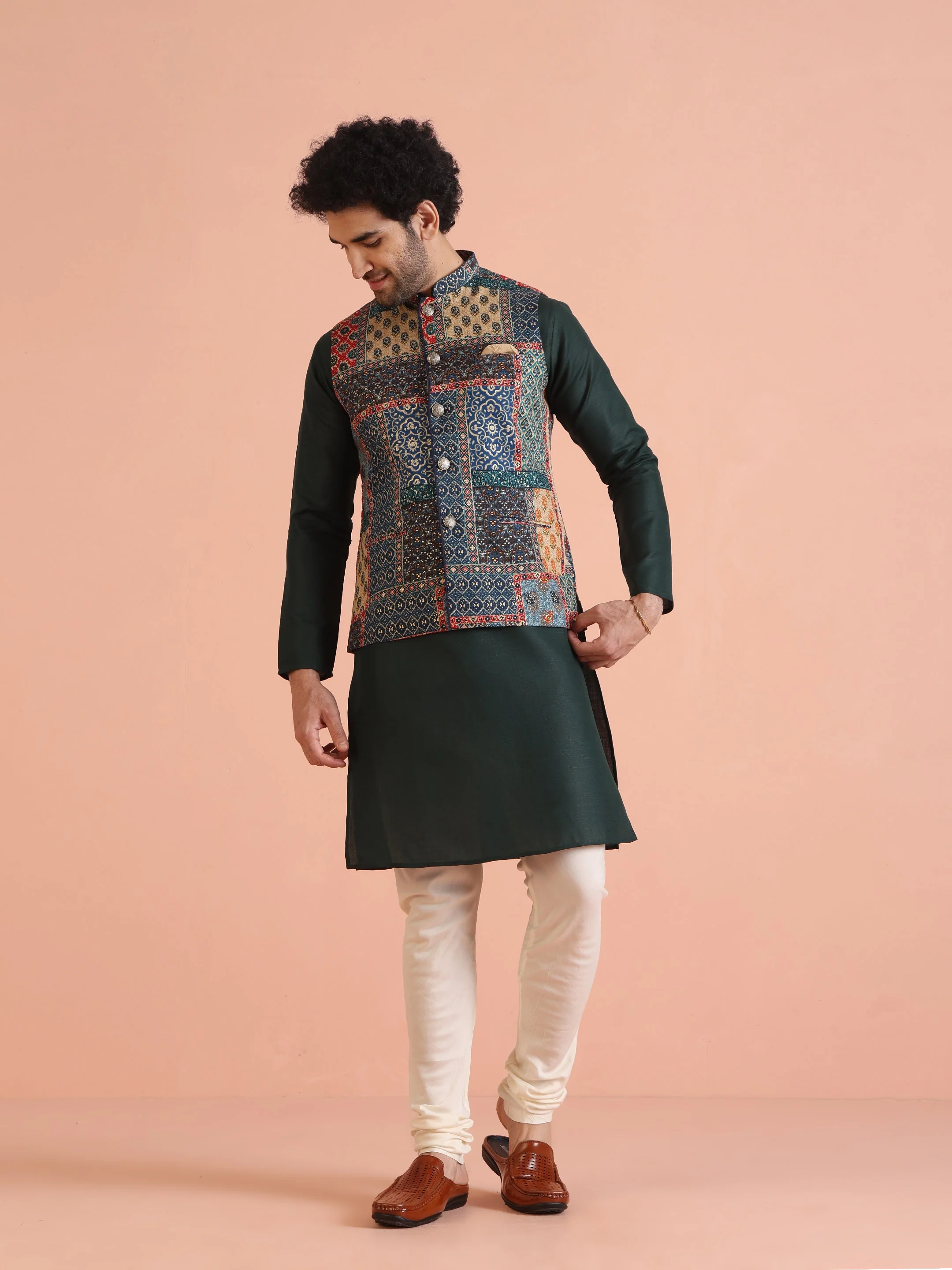 Kisah Multicolor Patchwork Printed Silk Blend Nehru Jacket with Mandarin Collar - Image 4