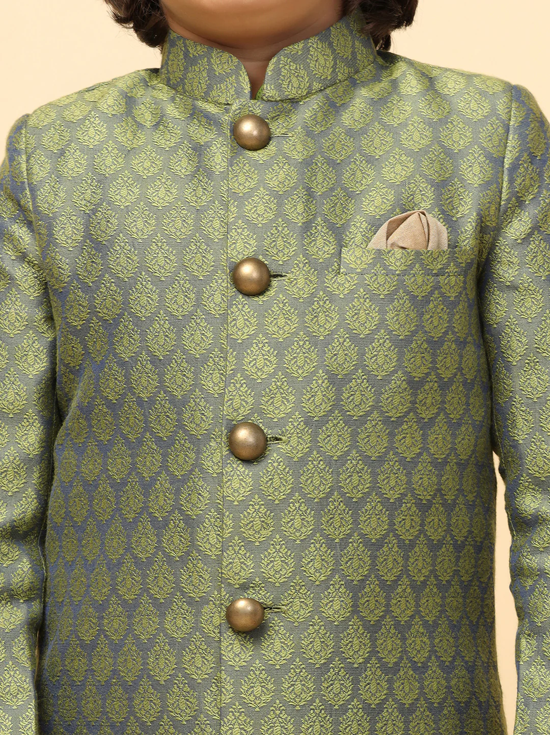 Boy's Green Textured Kurta Indowestern Churidar Set - Image 5