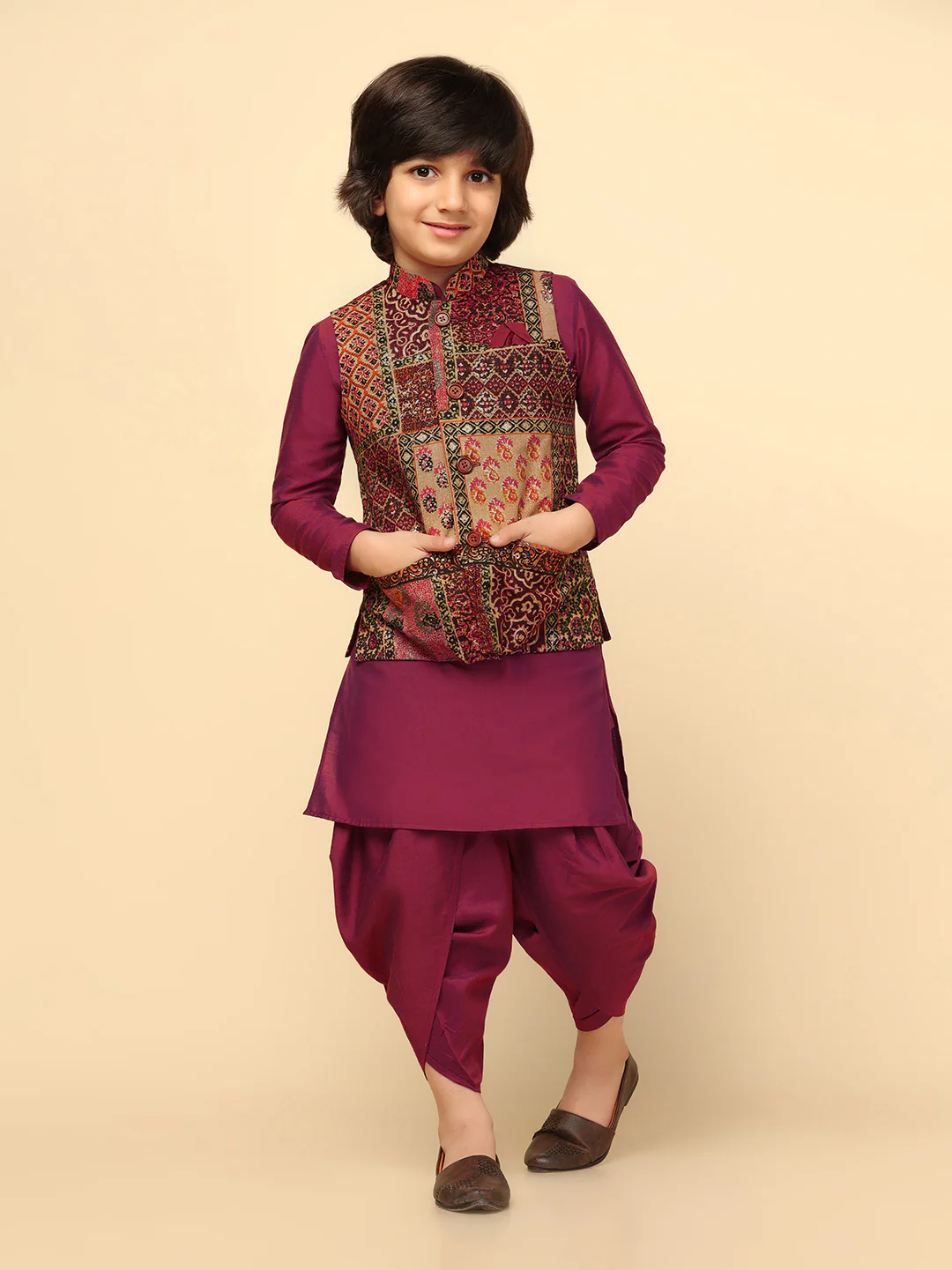 Boys Multi-Color Kurta Jacket Dhoti Sets