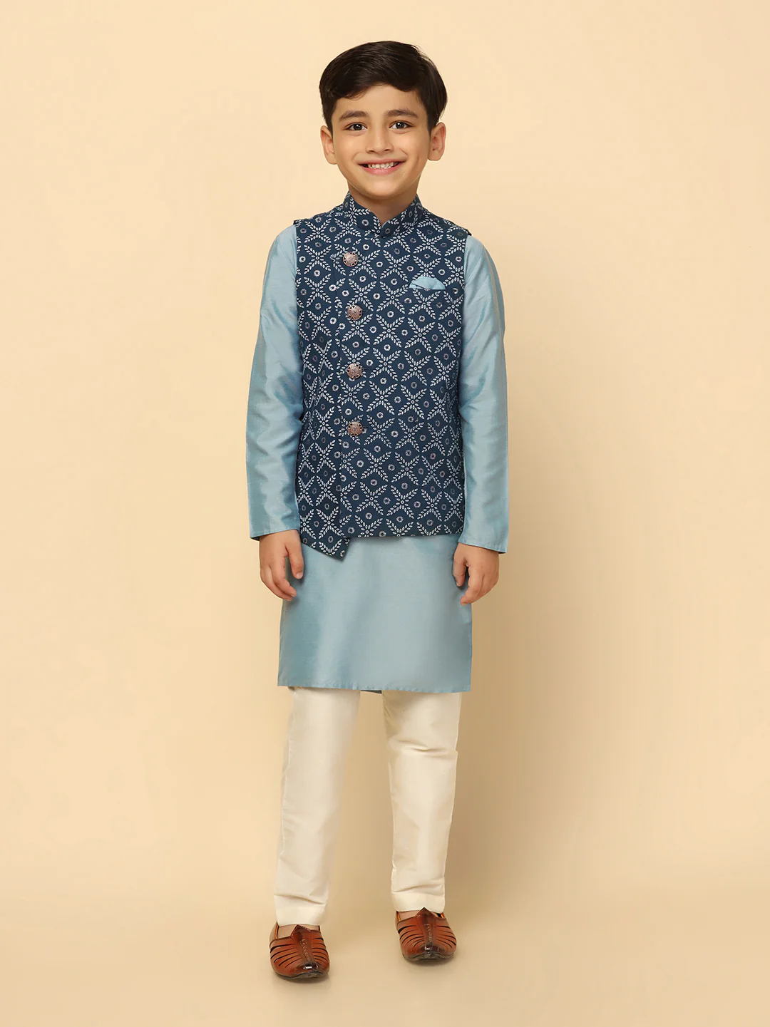 Boys Blue Kurta Jacket Pyjama Sets