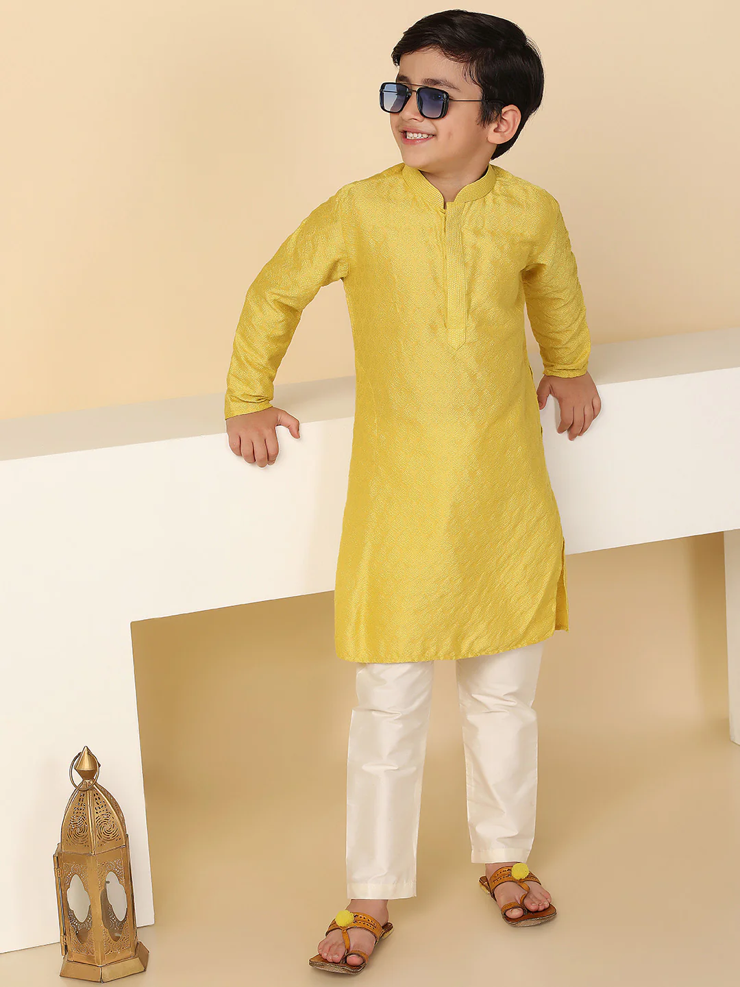 Boy's Yellow Solid Textured Kurta Churidar Set