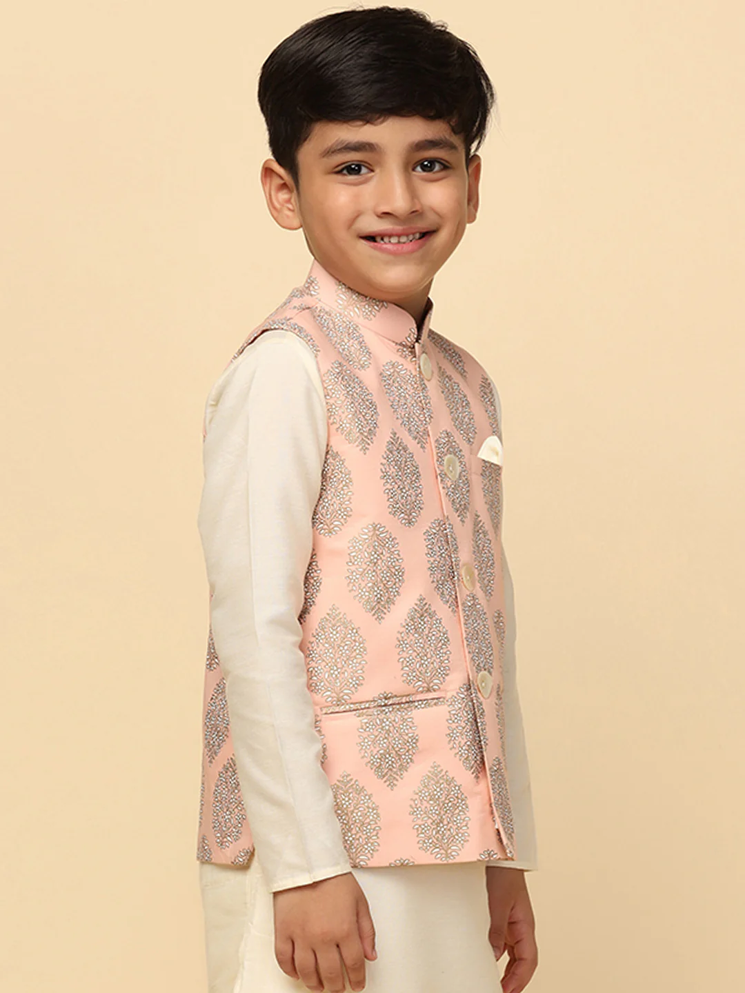 Boy's Peach Printed Nehru Jacket - Image 2