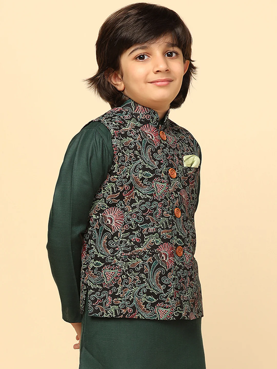Boy's Black Printed Nehru Jacket - Image 2