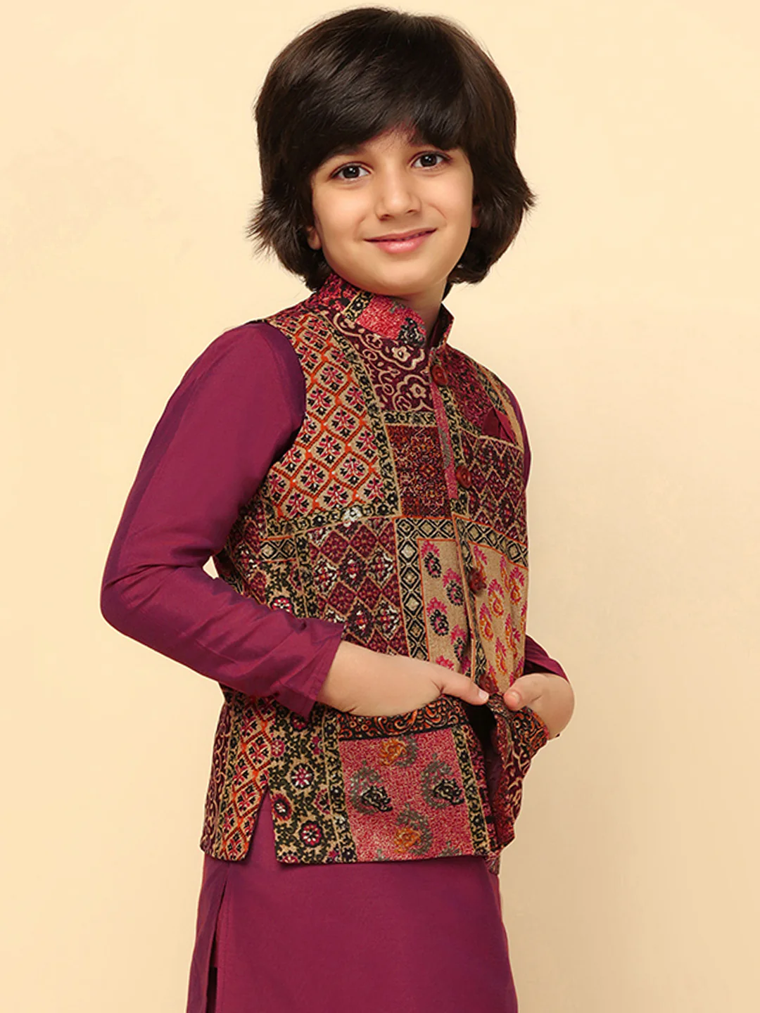 Boy's Maroon Printed Jacket - Image 2