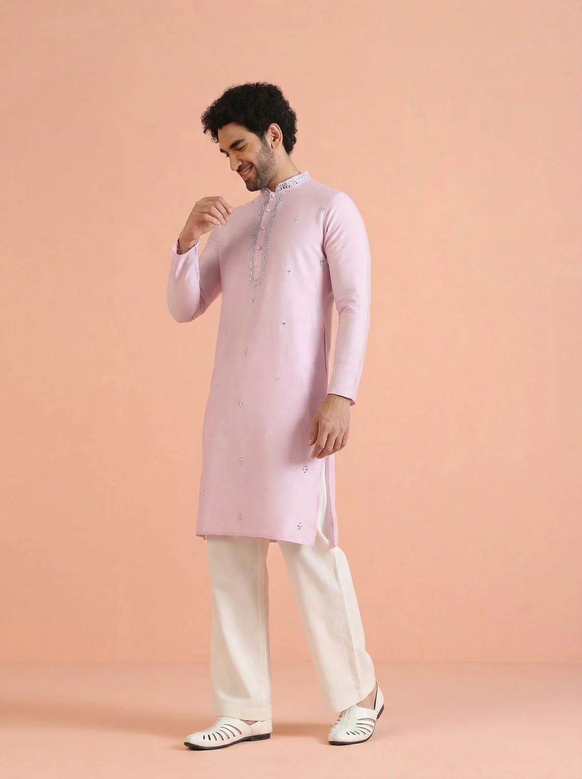 Lavender Cotton Blend Embroidered Kurta Wide Leg Trouser Set