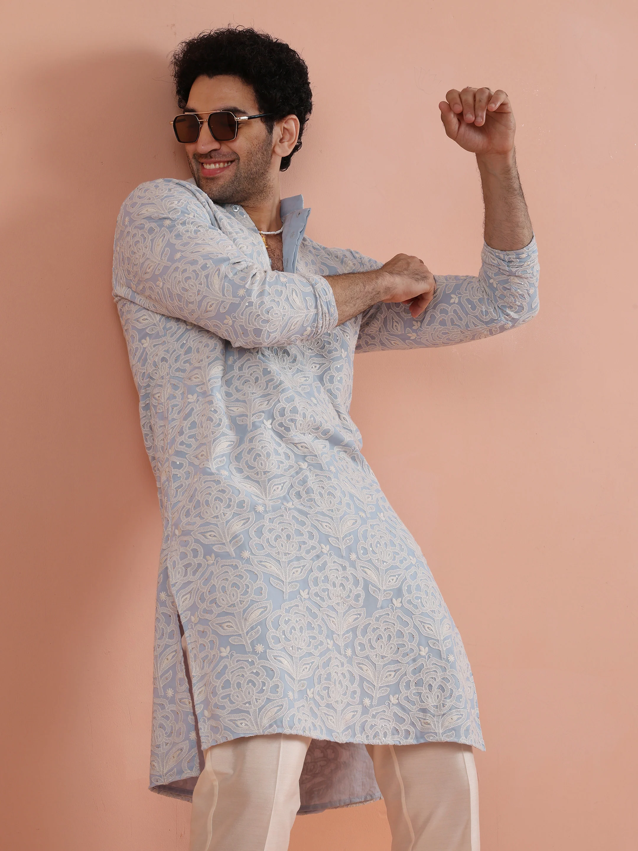 Light Blue Floral Embroidered Kurta