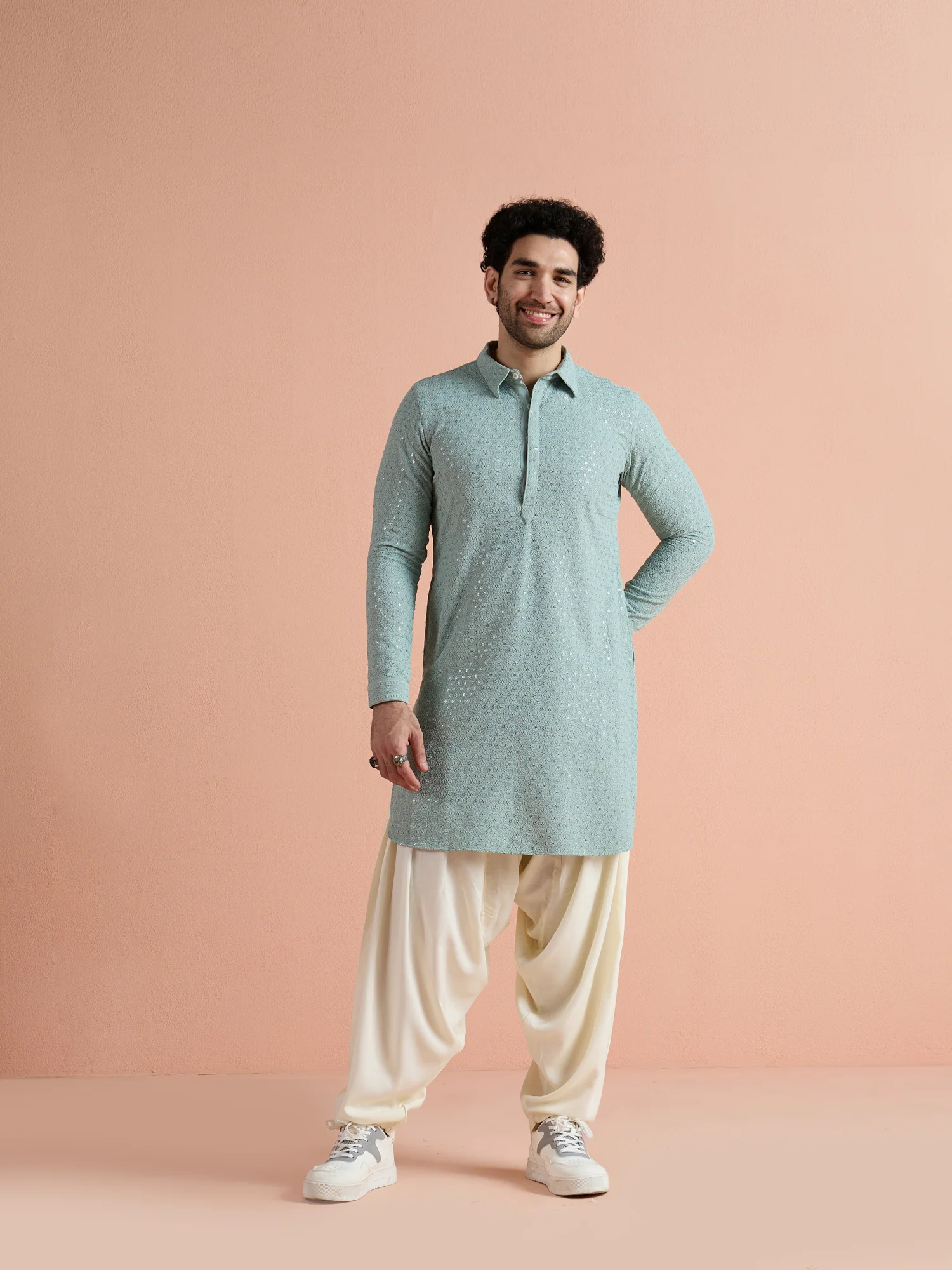Green Viscose Embroidered Pathani Kurta - Image 10
