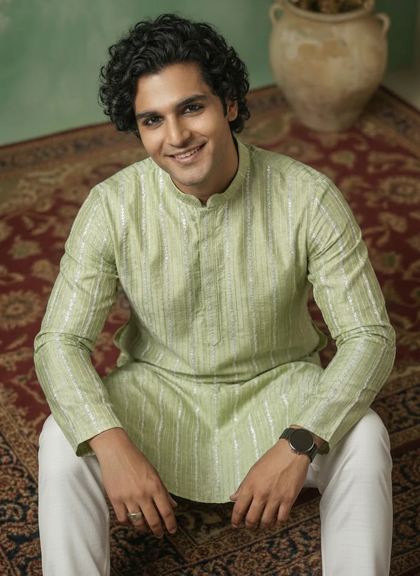 Light Green Cotton Blend Embroidered Kurta