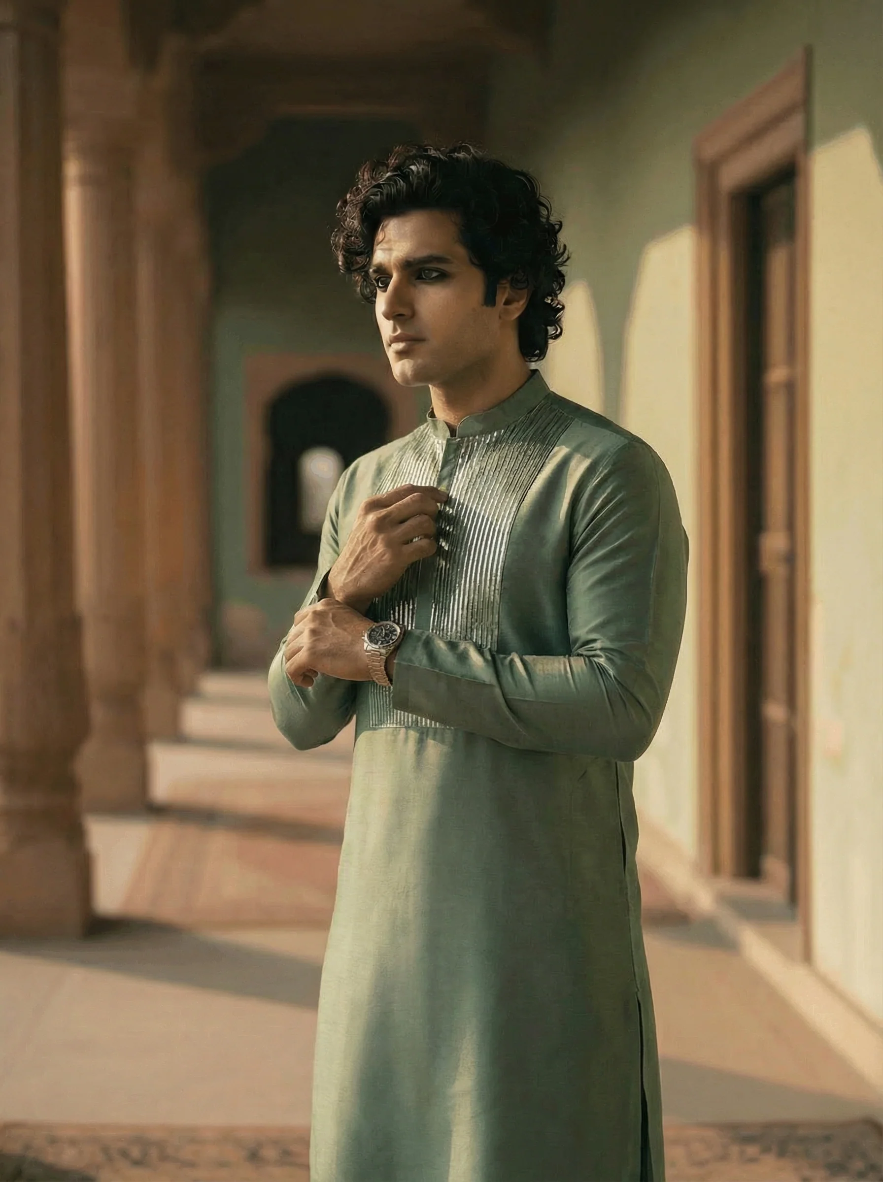 Light Green Silk Blend Embellished Long Kurta