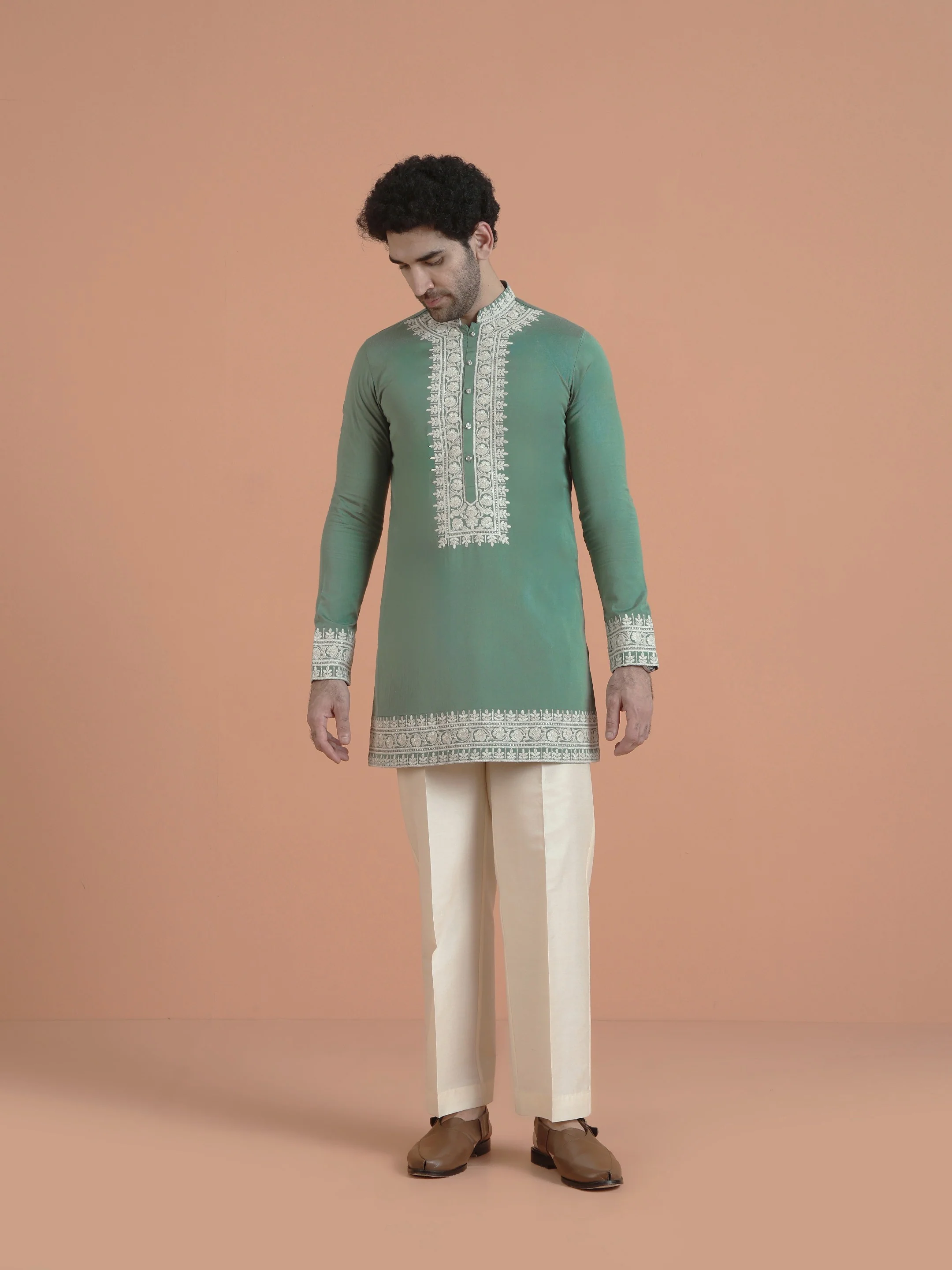 Light Green Silk Blend Embroidered Mid Kurta - Image 7