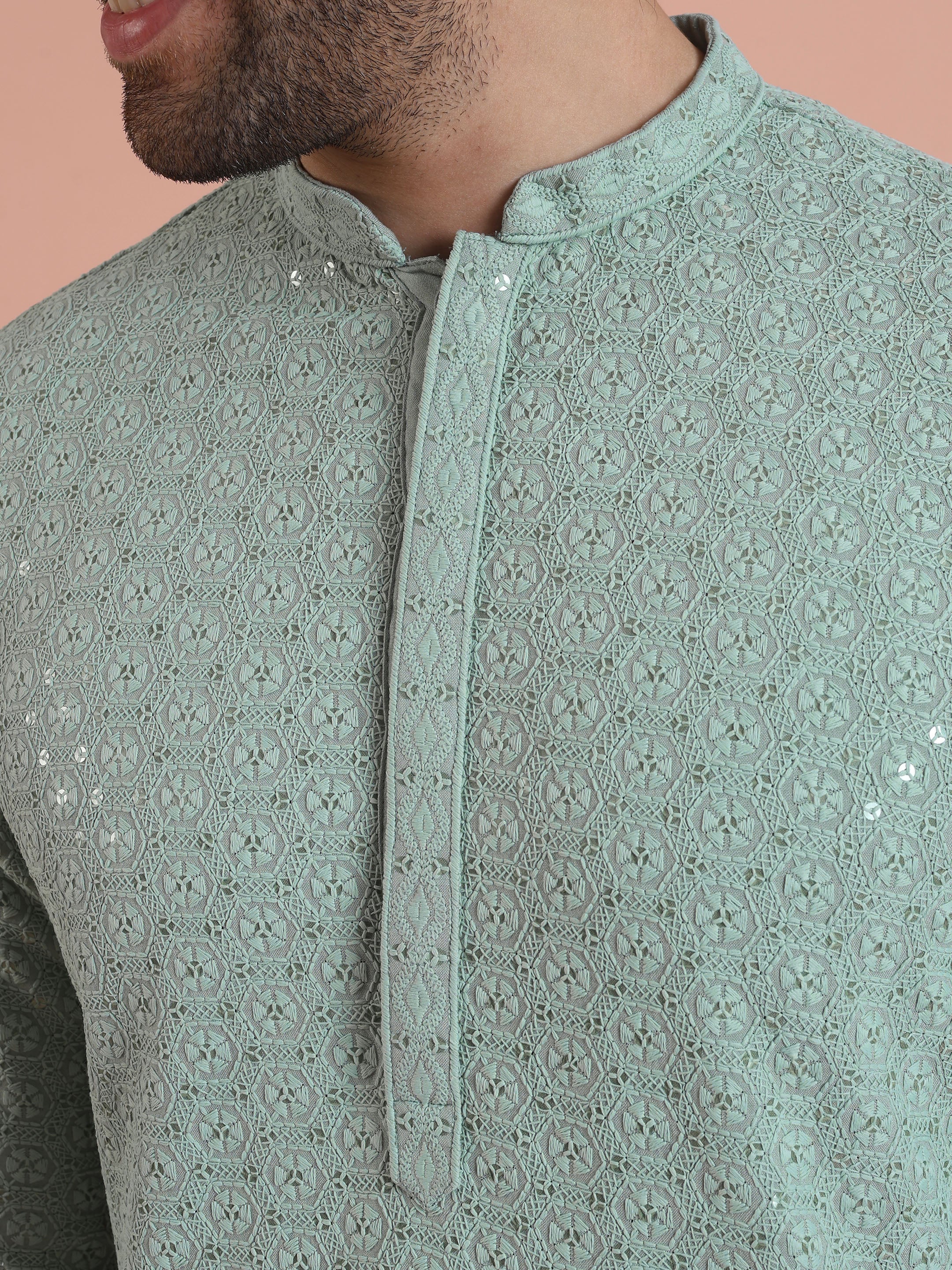 Light Green Silk Blend Schiffli Printed Long Kurta - Image 5