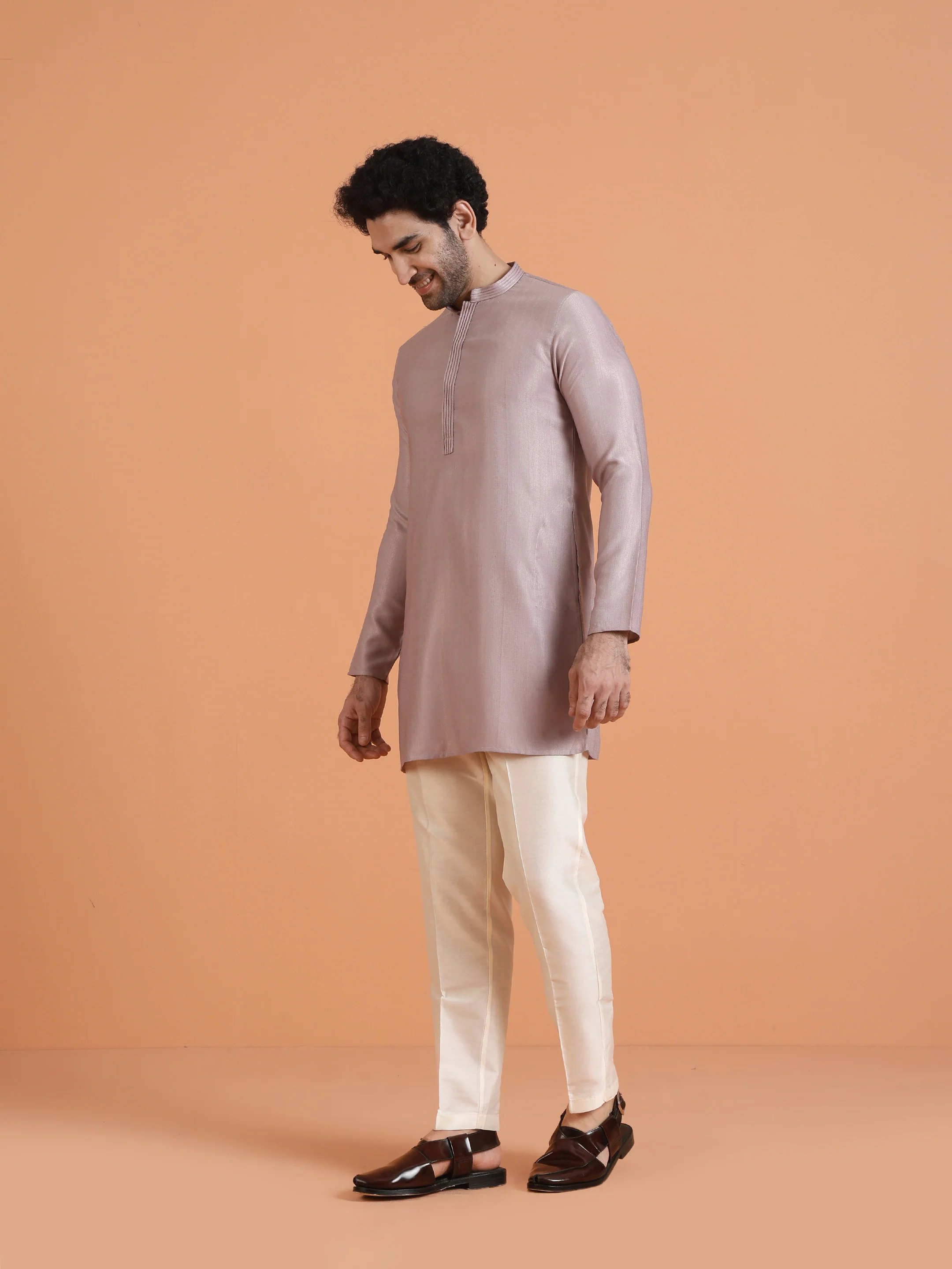 Light Lavender Textured Kurta Set with Cream Trousers – Elegant Festive Wear - Image 3