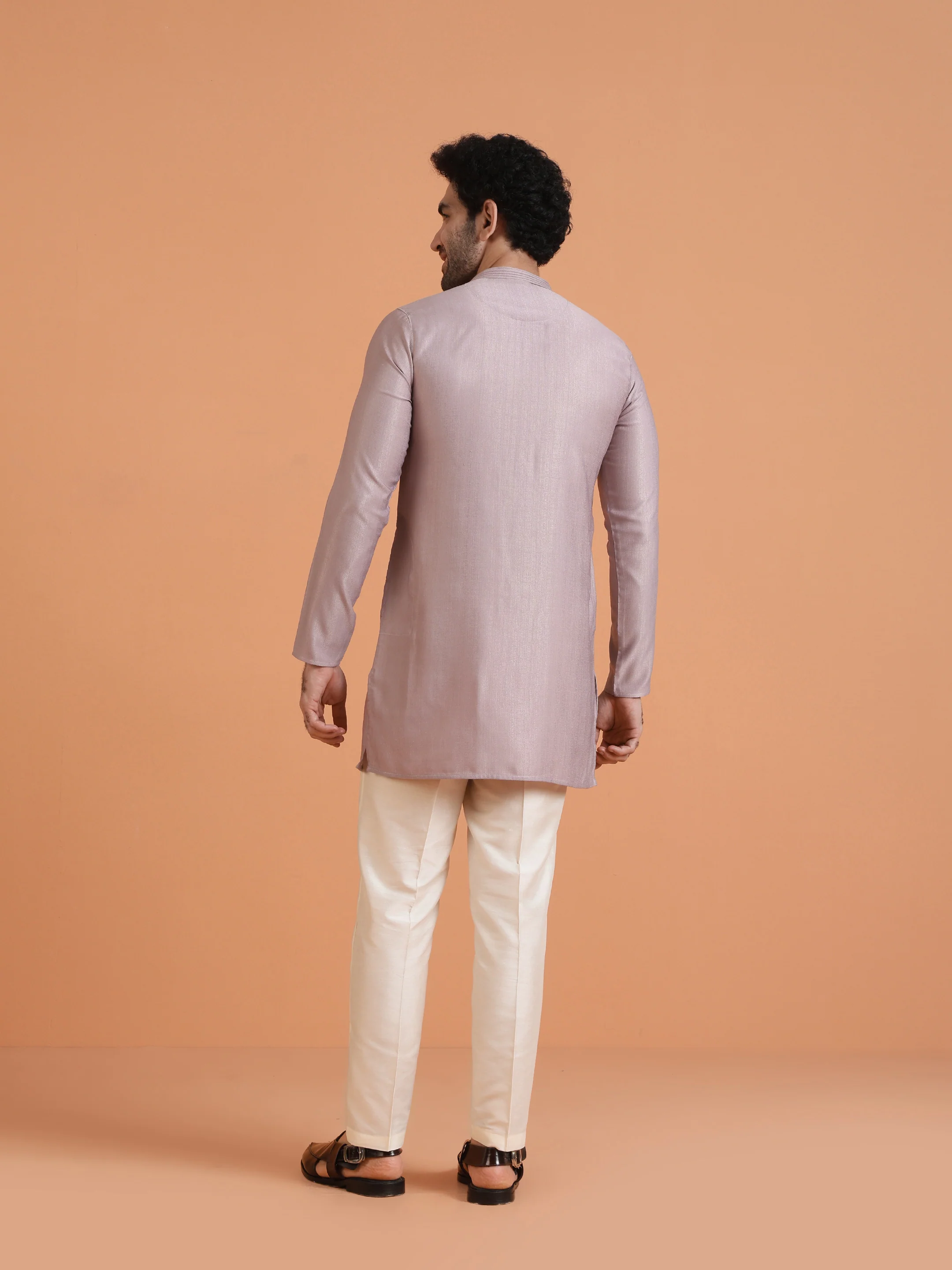 Light Lavender Textured Kurta Set with Cream Trousers – Elegant Festive Wear - Image 4