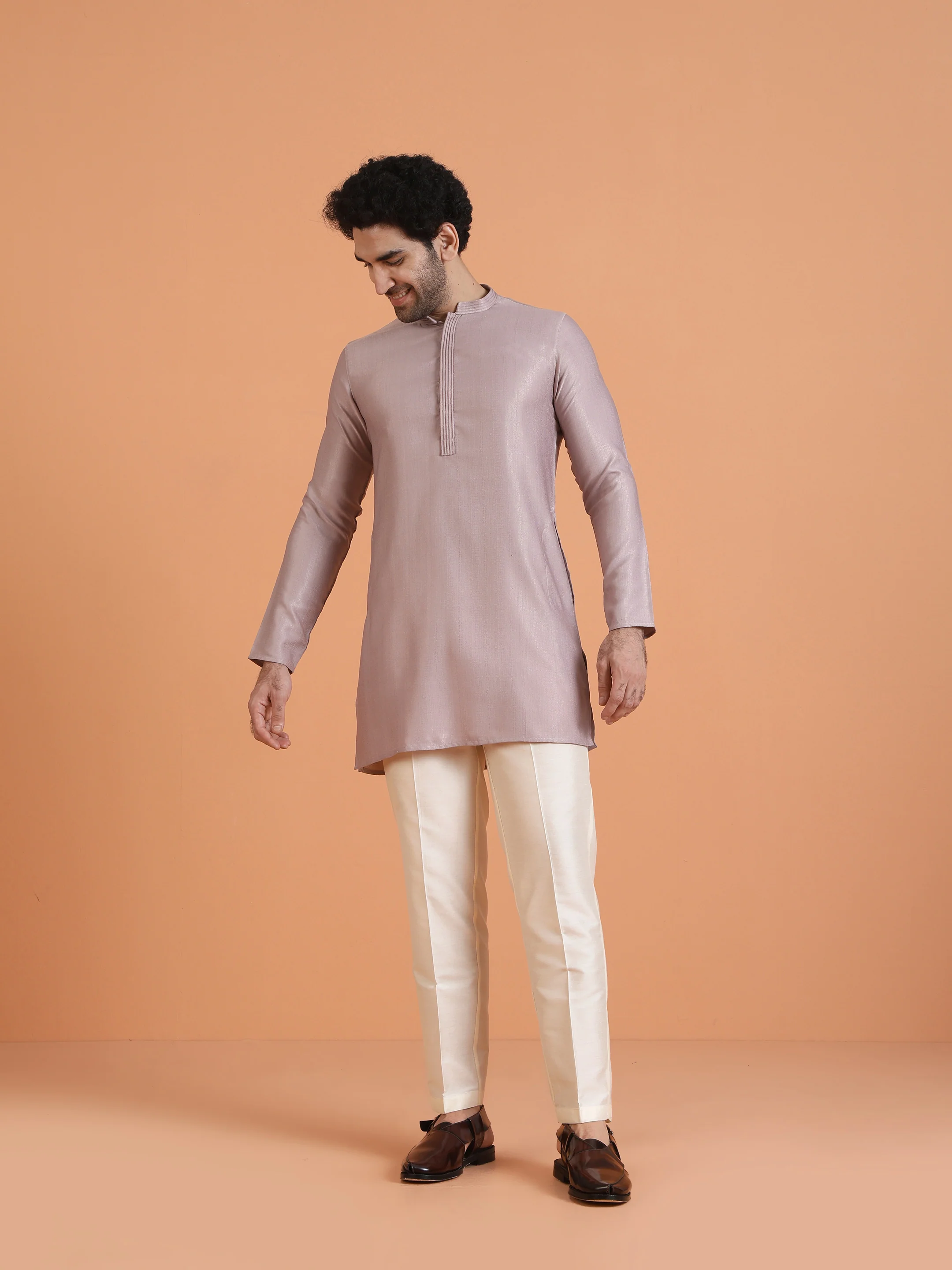 Light Lavender Textured Kurta Set with Cream Trousers – Elegant Festive Wear - Image 7