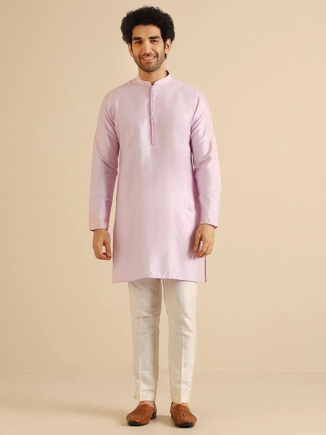 Light Pink Silk Blend Solid Kurta Trouser Set