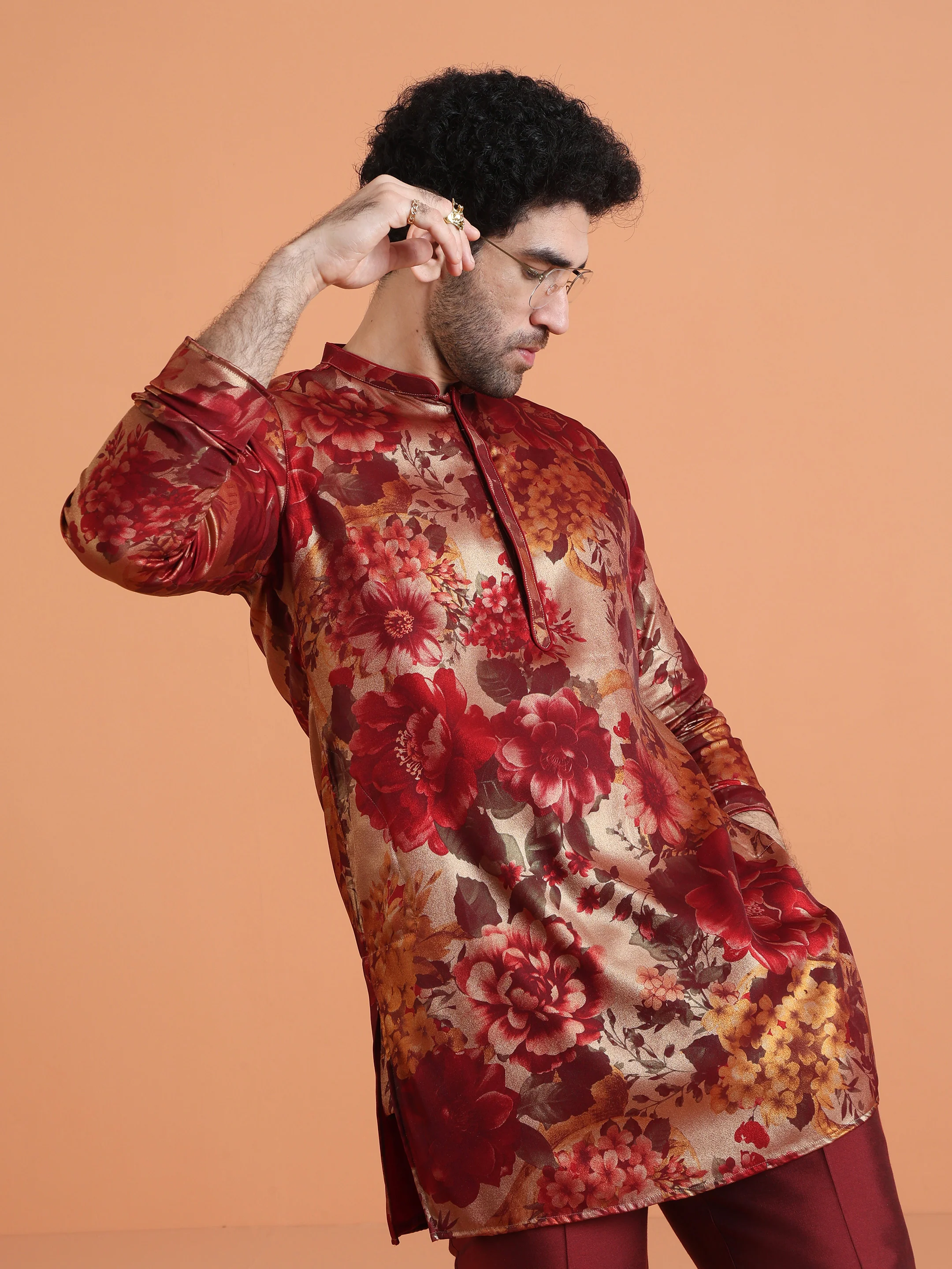Maroon Art Silk Bold Floral Mid Kurta