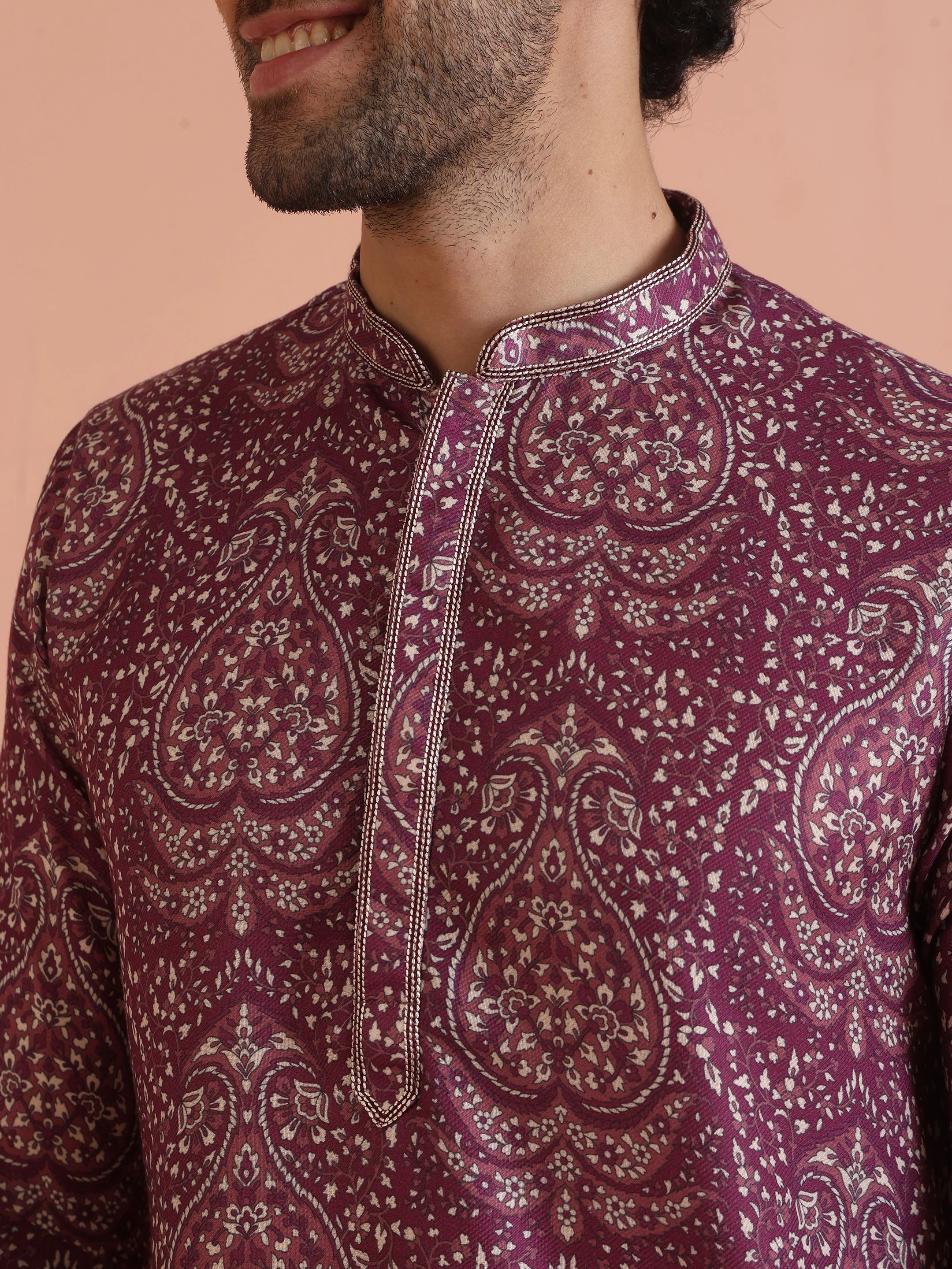 Magenta Art Silk Paisley Printed Kurta - Image 4