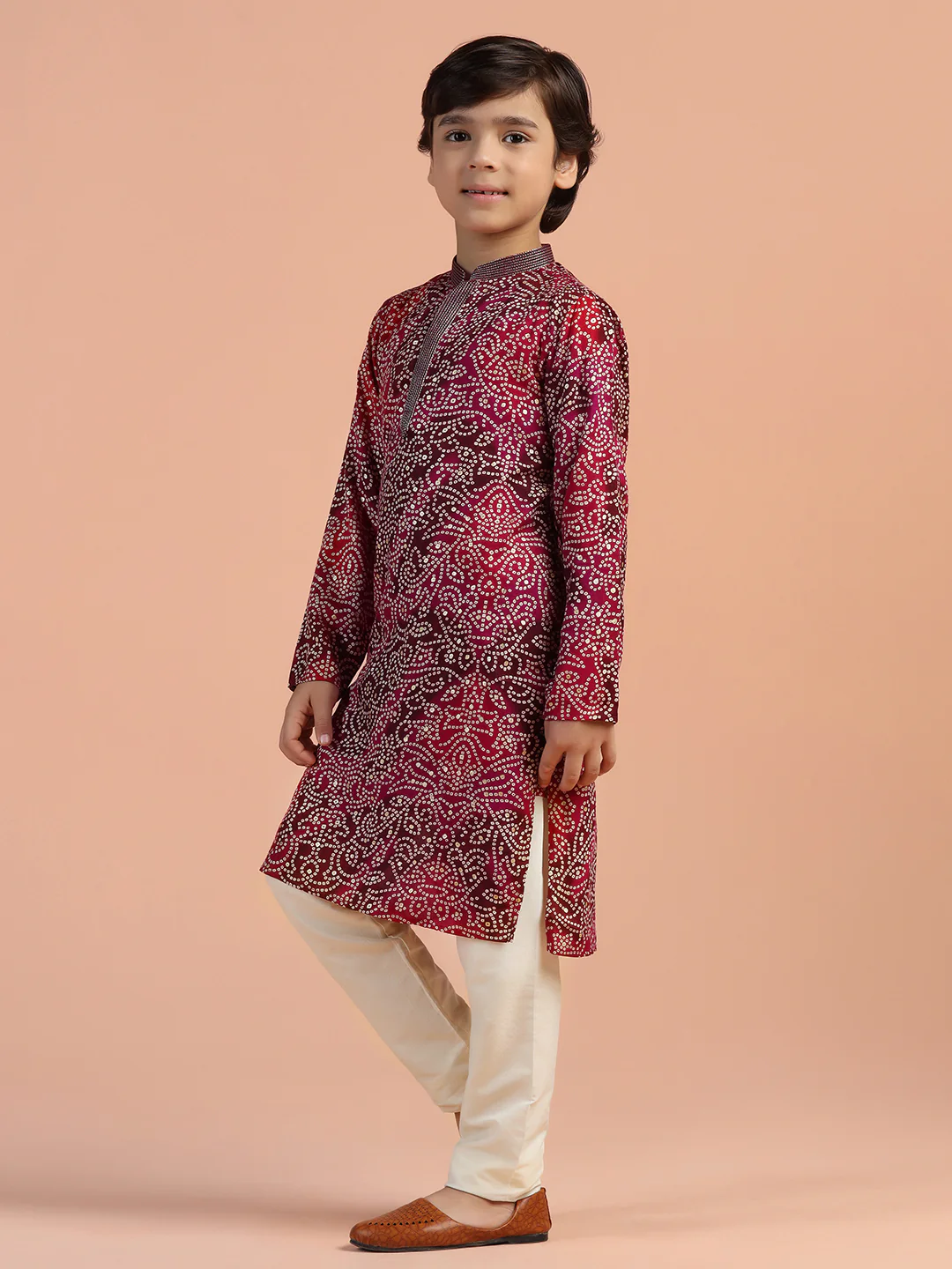 Maroon Bandhani Printed Kids Kurta Set - Image 2