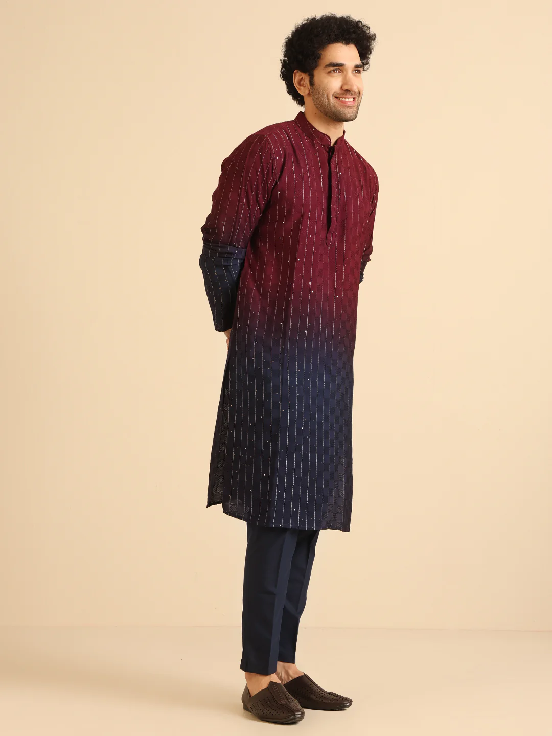 Maroon Cotton Blend Embellished Ombre Kurta Trouser Set - Image 2
