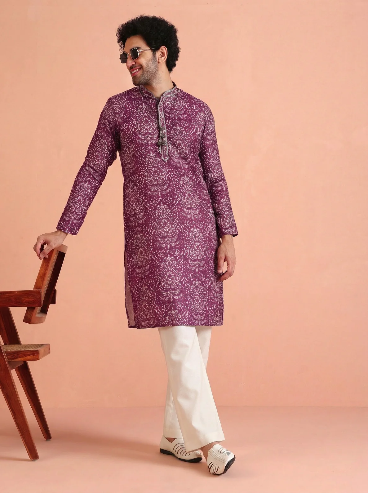 Magenta Cotton Blend Printed Kurta Wide Leg Trouser Set