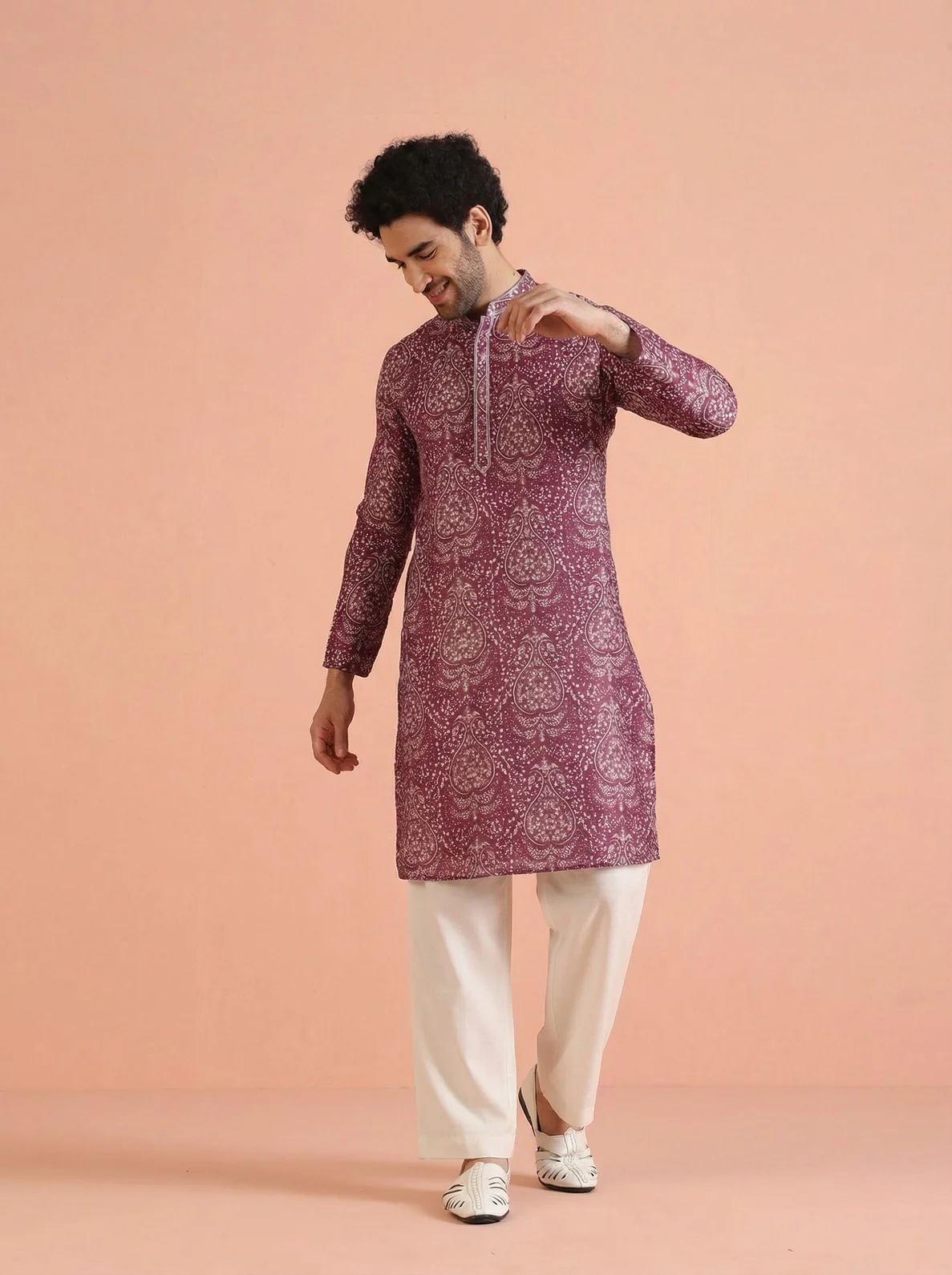 Magenta Cotton Blend Printed Kurta Wide Leg Trouser Set - Image 6