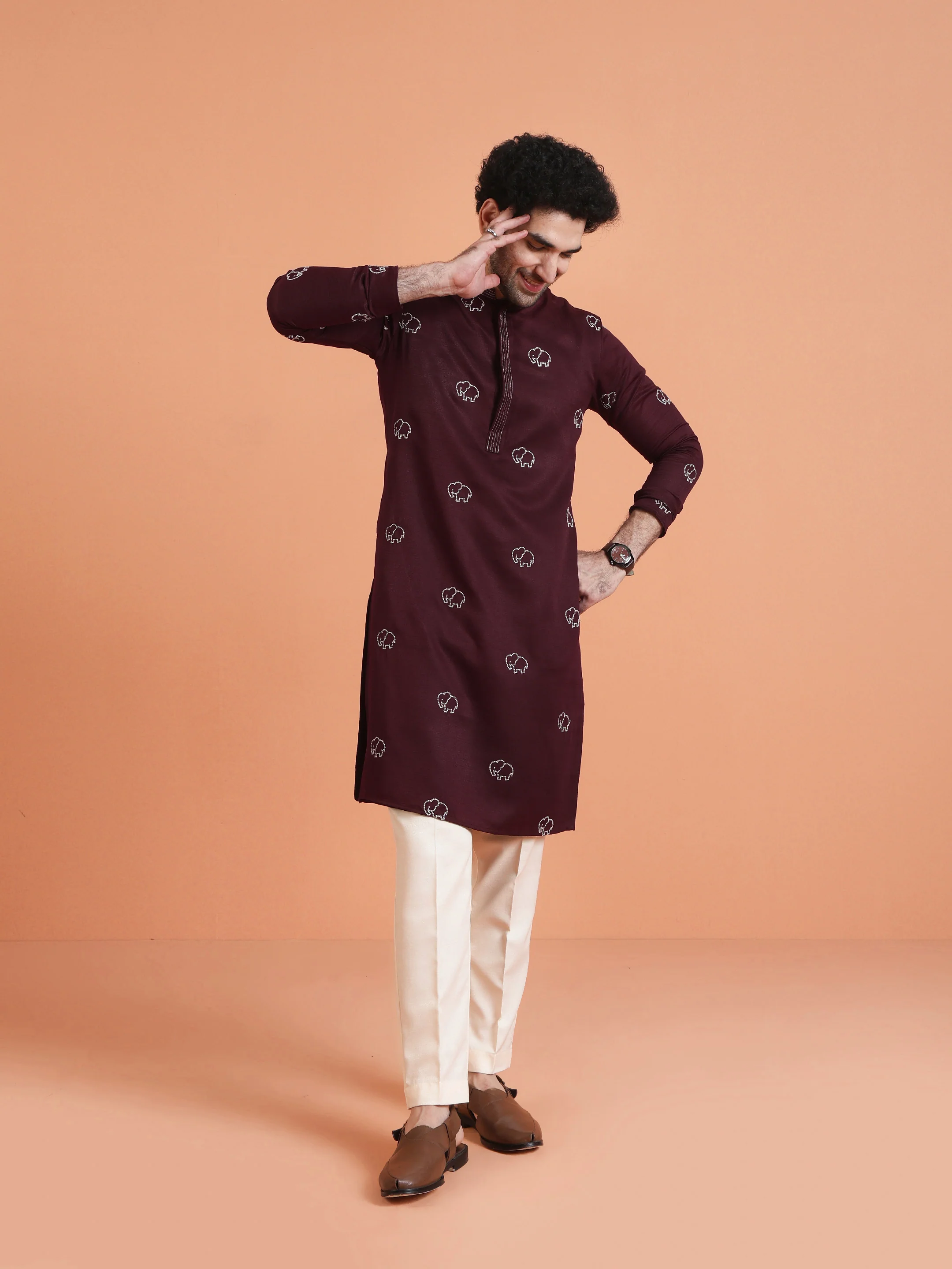 Maroon Embroidered Kurta with Cream Trouser Set – Elegant Festive Wear - Image 2
