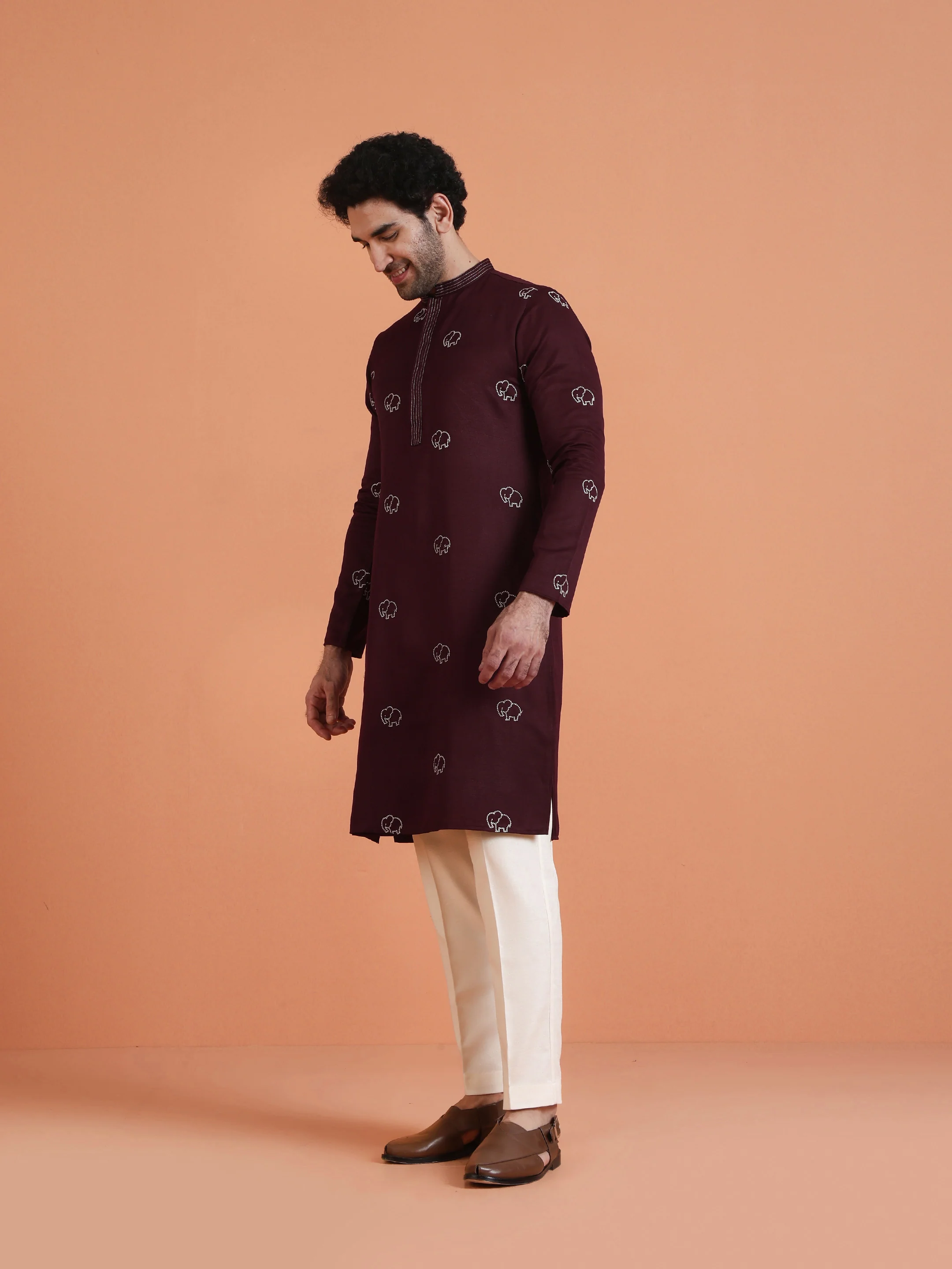 Maroon Embroidered Kurta with Cream Trouser Set – Elegant Festive Wear - Image 3