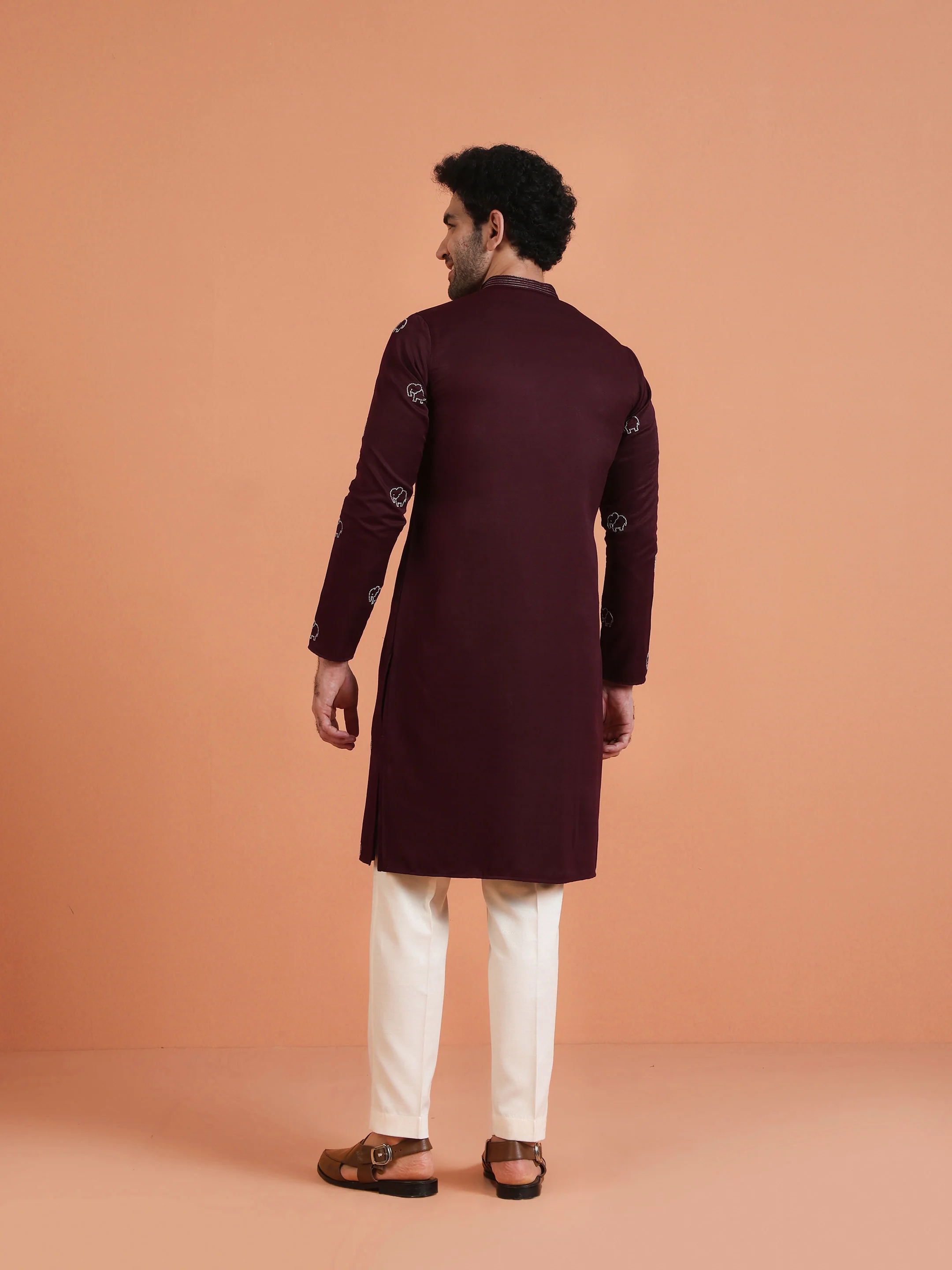 Maroon Embroidered Kurta with Cream Trouser Set – Elegant Festive Wear - Image 5